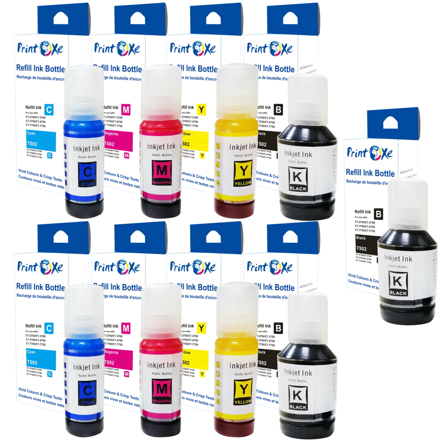 PRINTOXE® T502 Compatible Ink Refill 9 Bottles of 2 Set plus Black 502 ; T502120 (Pigment) T502220 T502320 T502420 For Epson EcoTank Expression