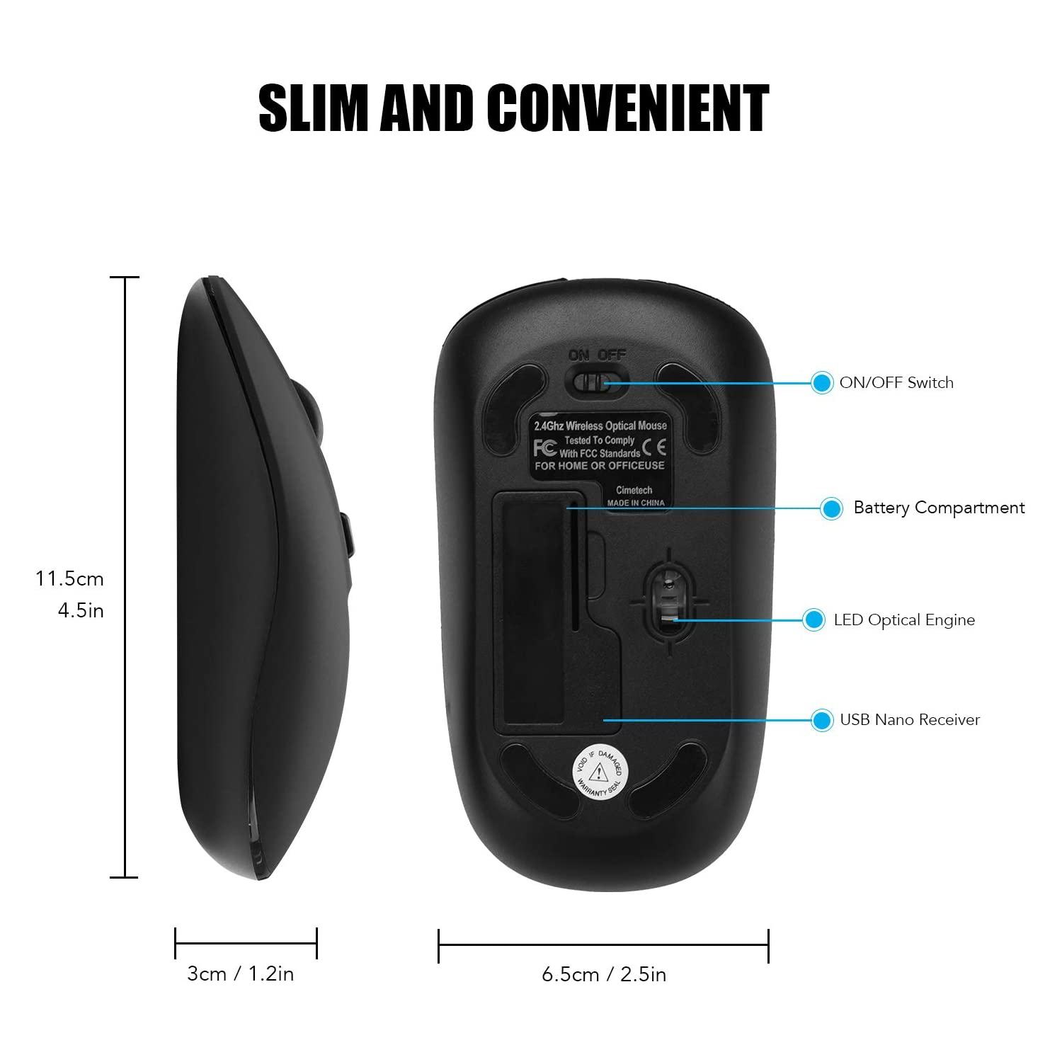 Wireless Computer Mouse, Cimetech 2.4G Slim Cordless Mouse Less Noise for Laptop Ergonomic Optical with Nano Receiver USB Mouse for Laptop, Deskbtop,