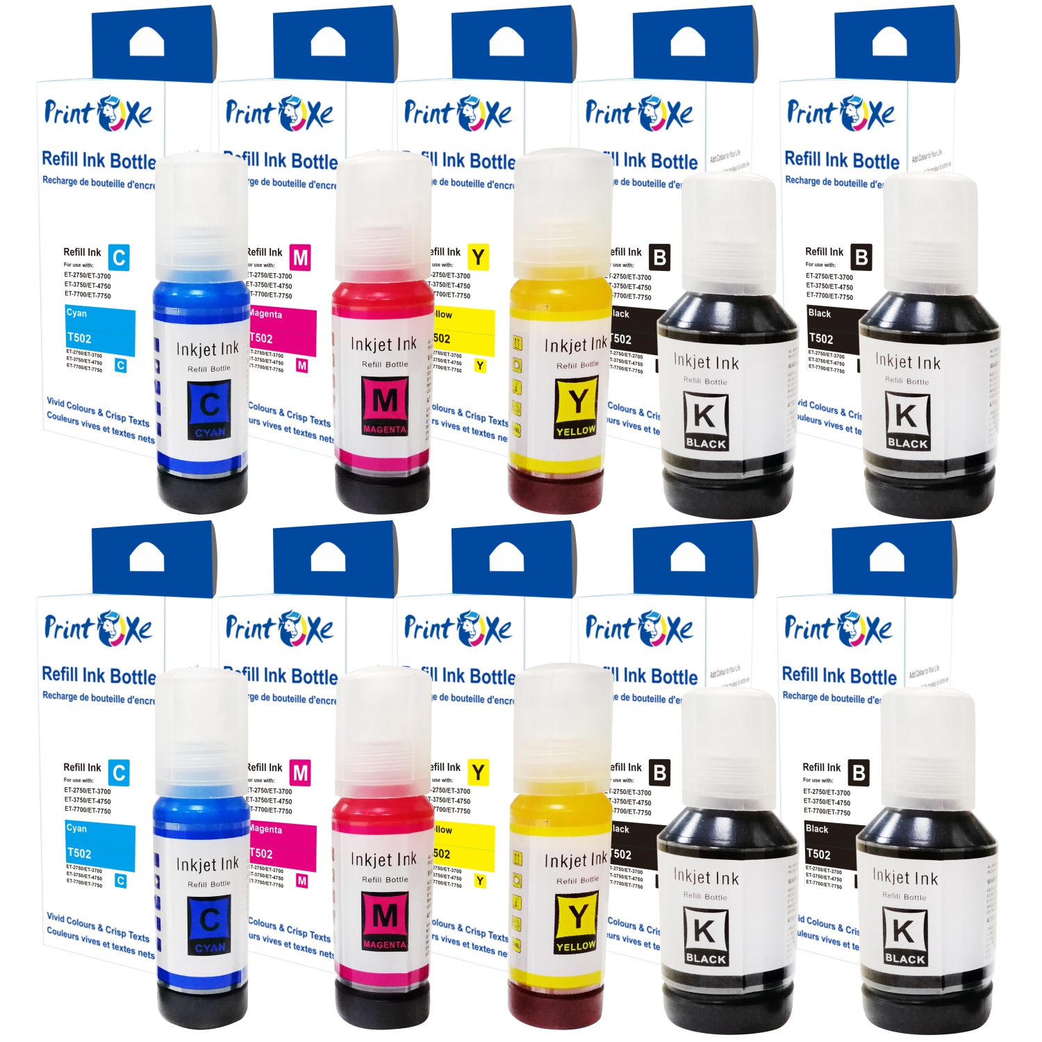 PRINTOXE® T502 Compatible 2 Sets plus 2 Black Ink Refill 10 Bottles 502 ; T502120 (Pigment) T502220 T502320 T502420 For Epson EcoTank Expression