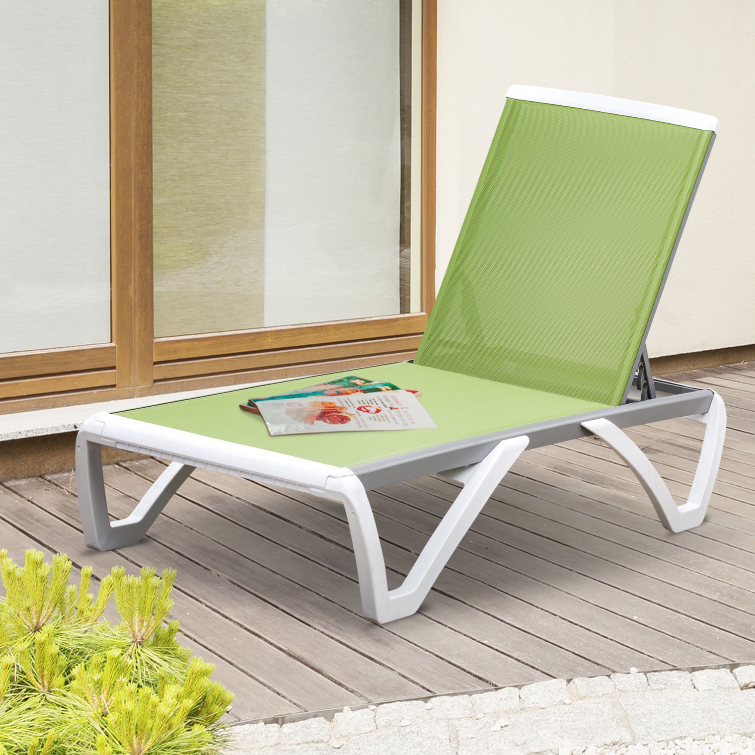 Chaise longue extérieure Outsunny, chaise de jardin en aluminium avec dossier réglable à 5 niveaux, roulettes portatives, tissu en filet perméable à