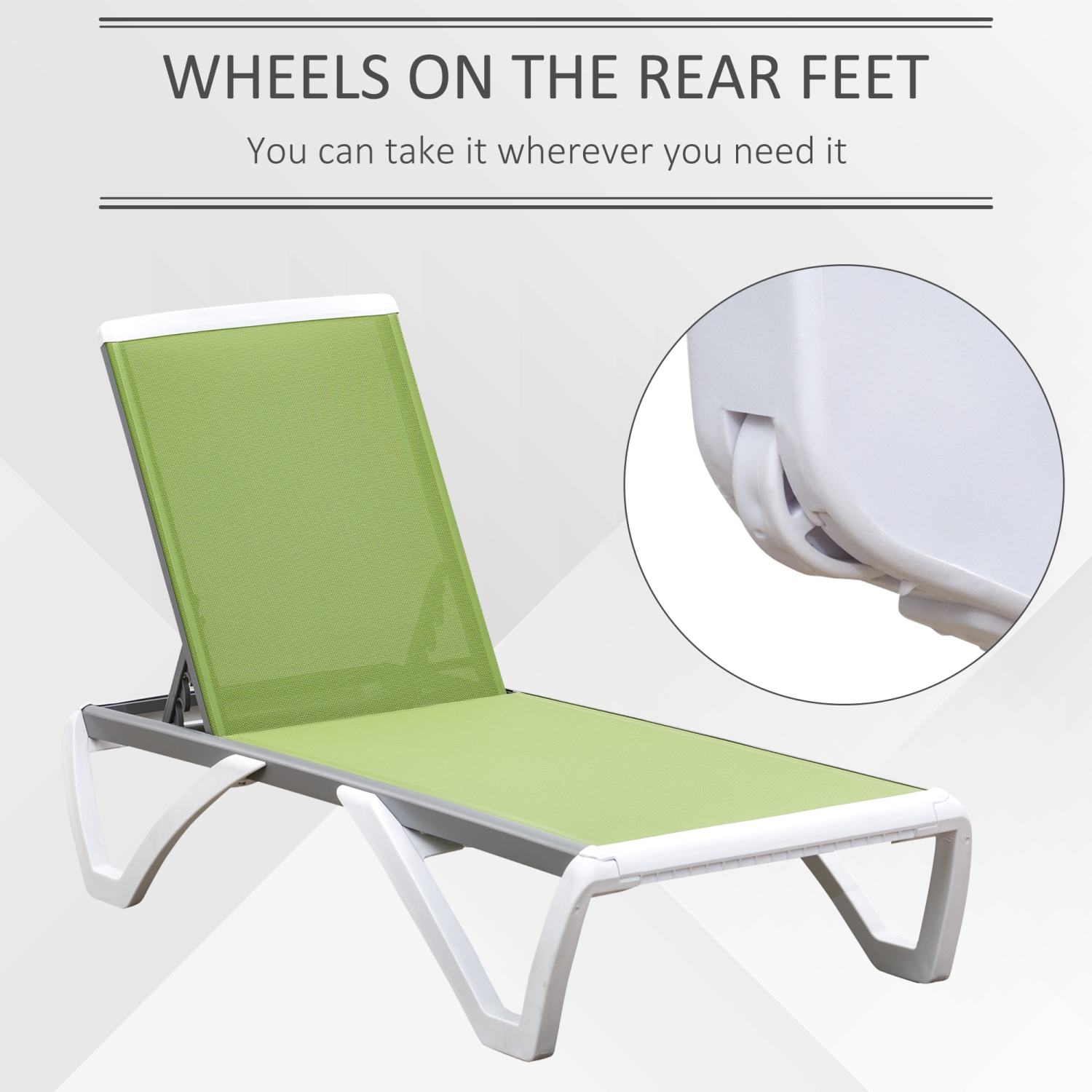 Chaise longue extérieure Outsunny, chaise de jardin en aluminium avec dossier réglable à 5 niveaux, roulettes portatives, tissu en filet perméable à