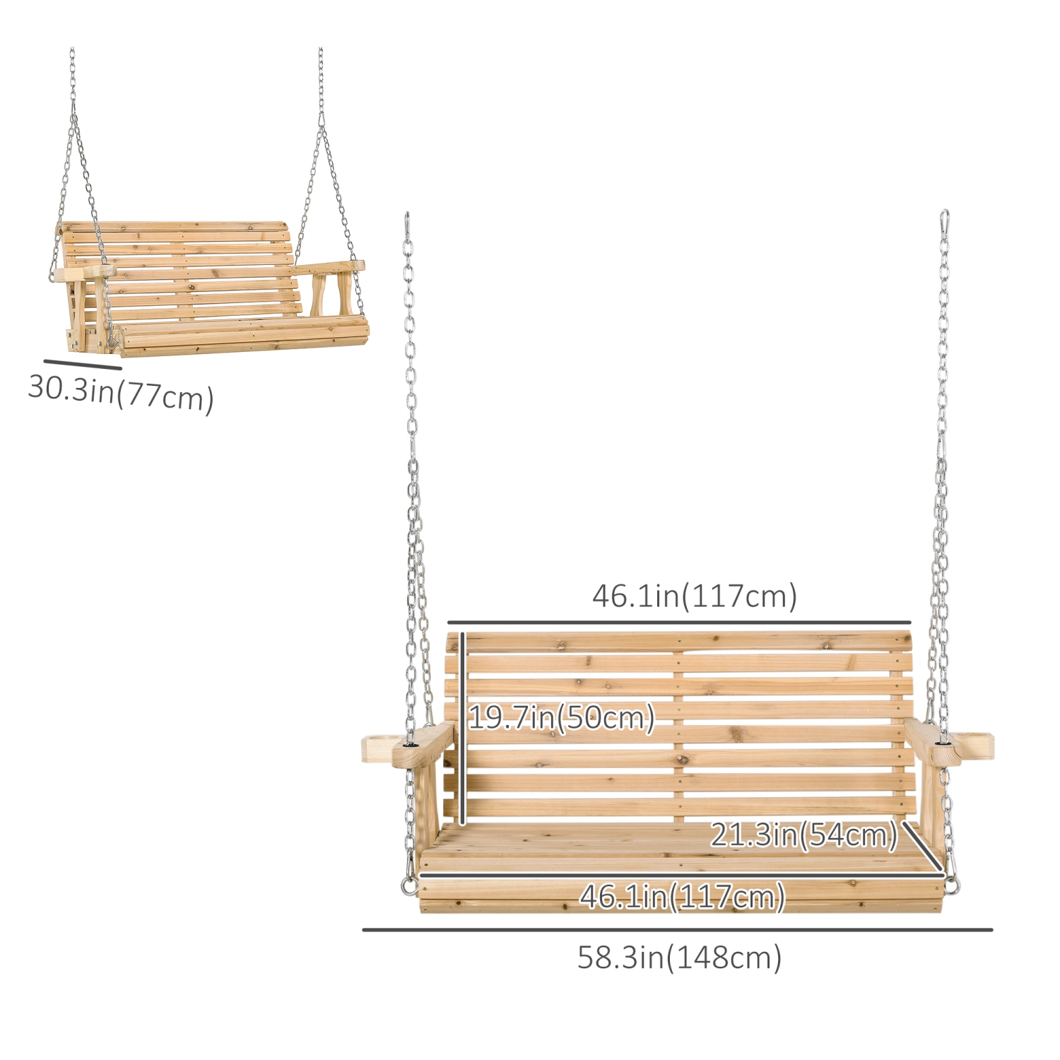 Outsunny 2 Seater Porch Swing Wooden Patio Swing Chair Seat with Cup Holder and Chains Outdoor Swing Bench for Garden Yard, Natural