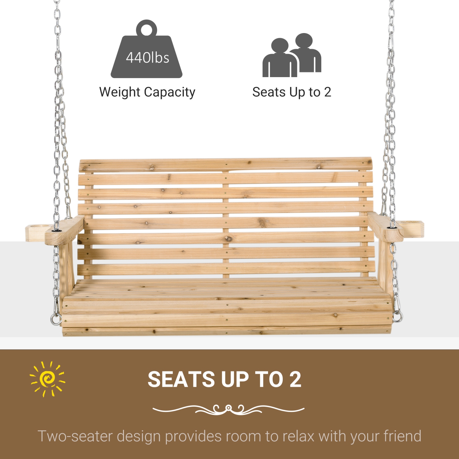 Outsunny 2 Seater Porch Swing Wooden Patio Swing Chair Seat with Cup Holder and Chains Outdoor Swing Bench for Garden Yard, Natural