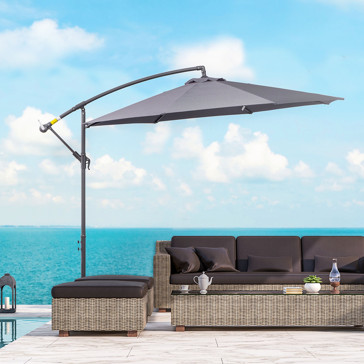 Parasol excentré avec base Outsunny 10&nbsp;pi, parasol suspendu jardin avec manivelle, pare-soleil en porte-à-faux Banana, gris