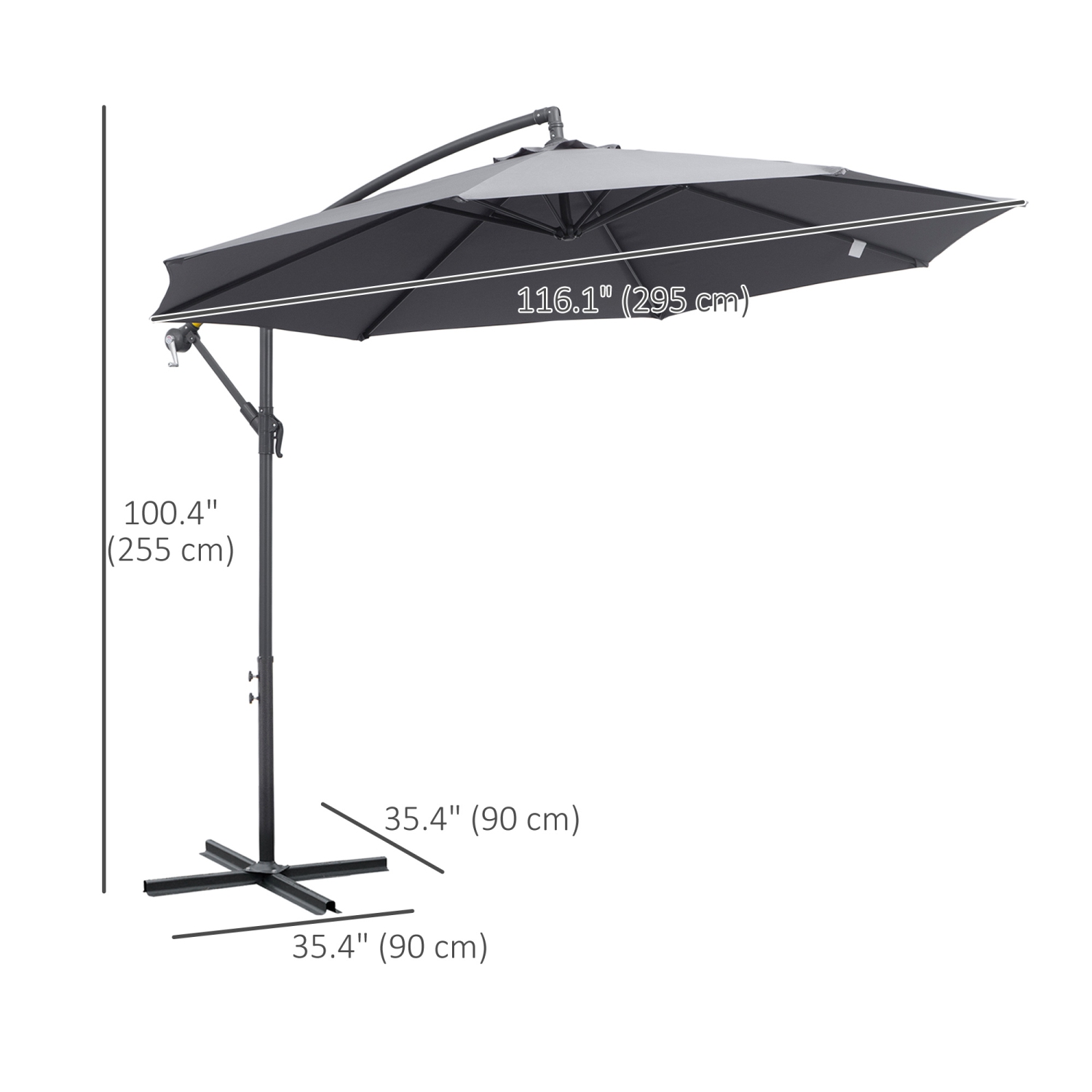 Parasol excentré avec base Outsunny 10&nbsp;pi, parasol suspendu jardin avec manivelle, pare-soleil en porte-à-faux Banana, gris