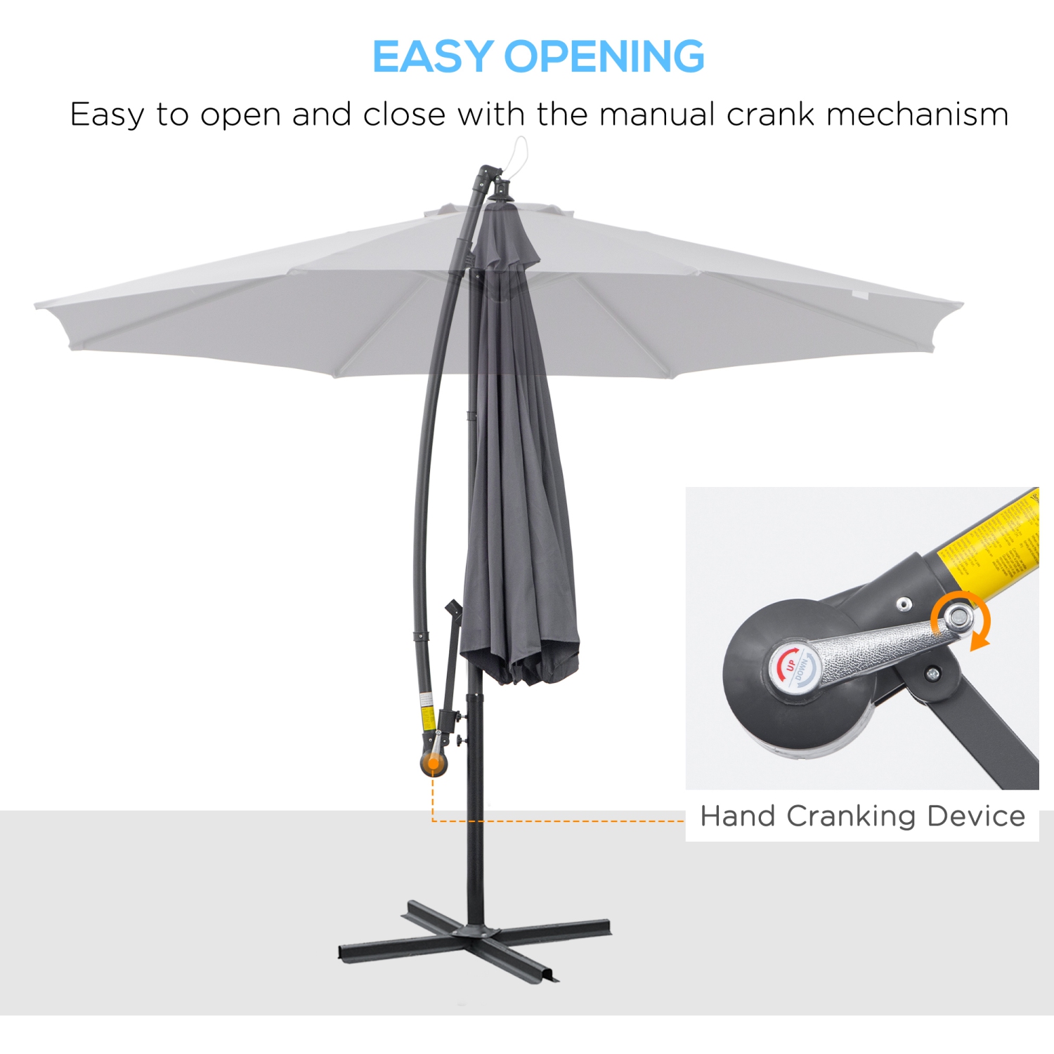 Parasol excentré avec base Outsunny 10&nbsp;pi, parasol suspendu jardin avec manivelle, pare-soleil en porte-à-faux Banana, gris