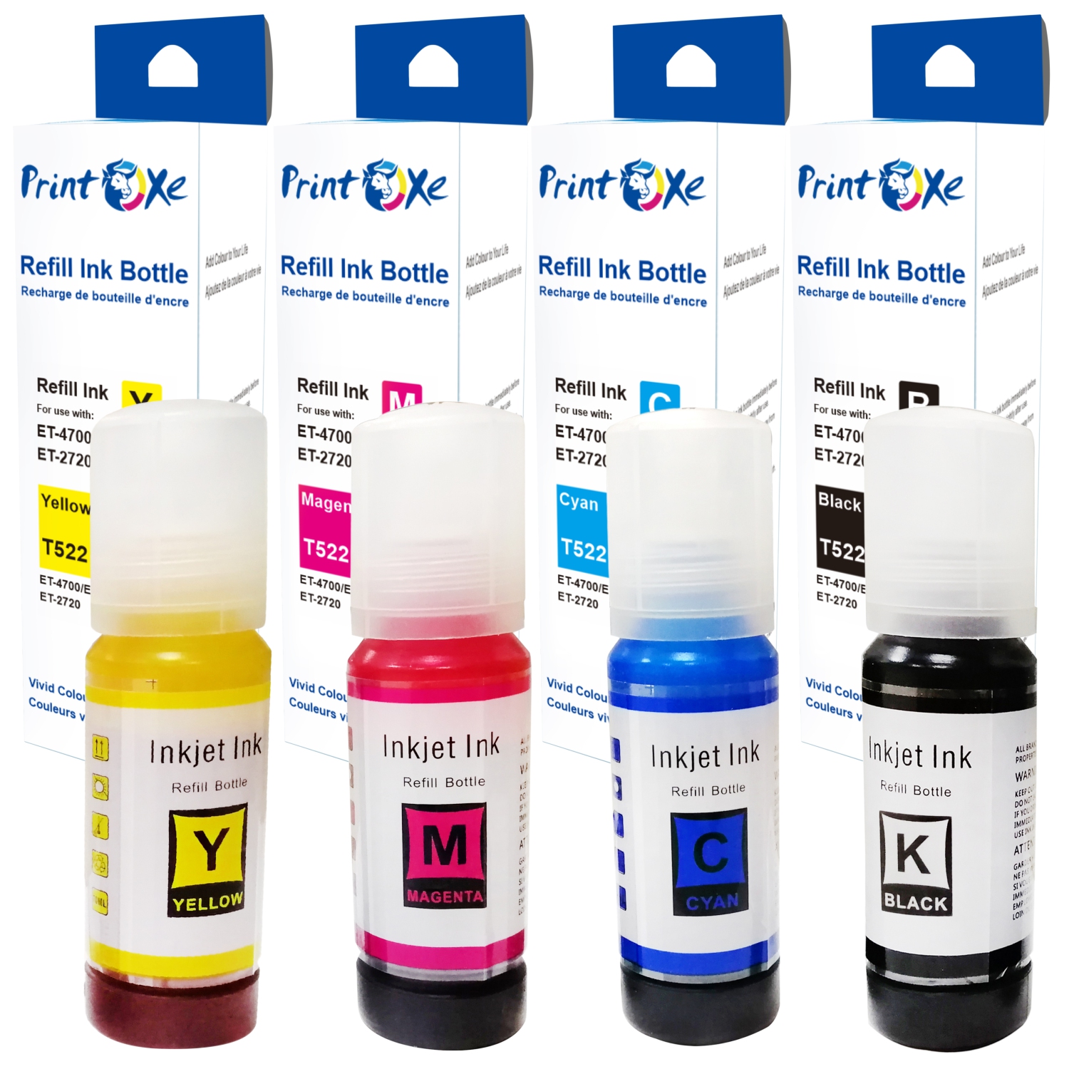 PrintOxe® T522 Compatible Ink Refill Bottles Set 522 of 4 Colours Black T522120 | Cyan T522220 | Magenta T522320 | Yellow T522420 for EcoTank Printers ET 1110 / 2710 / 2720 / 4700