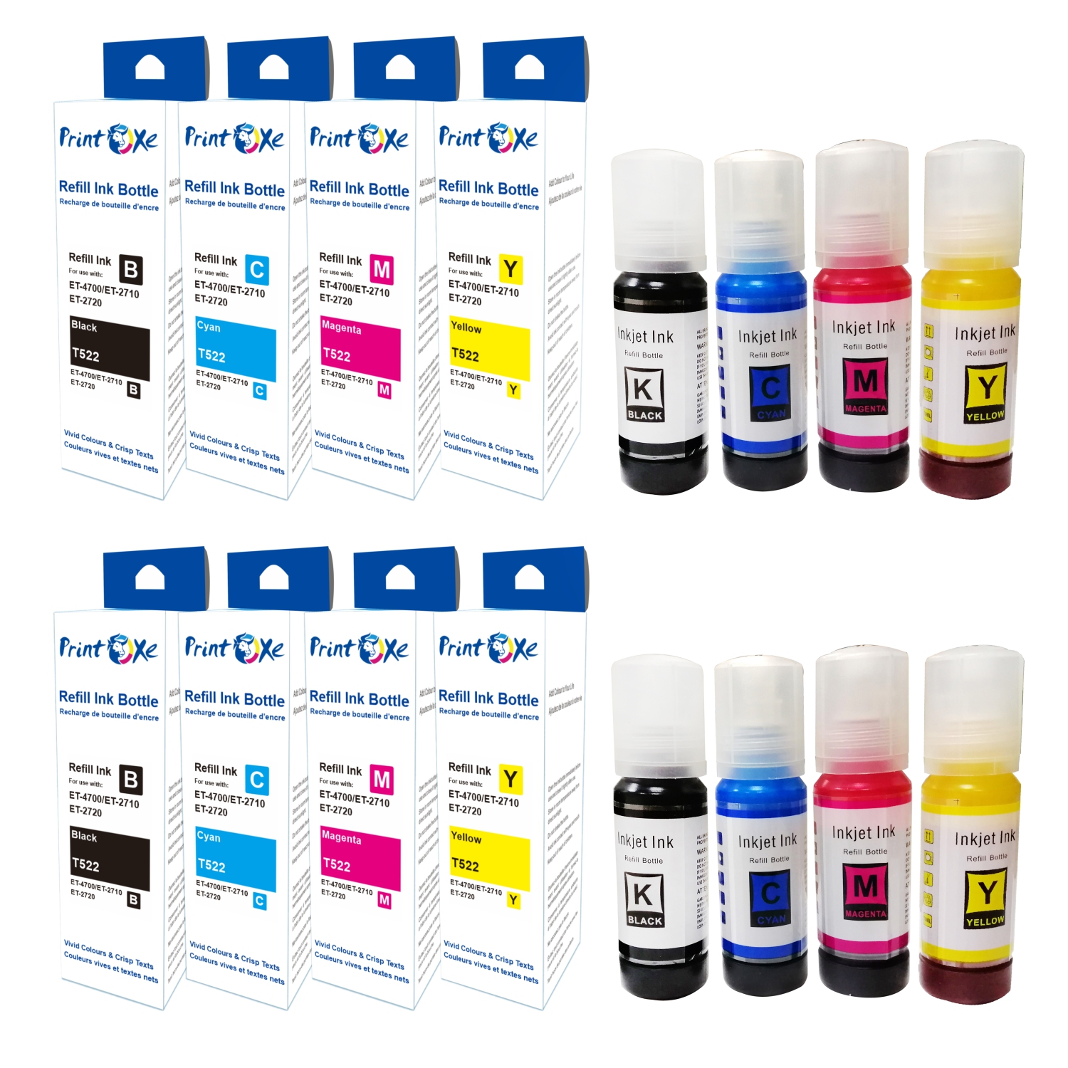 PRINTOXE® T522 Compatible Ink Refill Bottles 2 Sets ; 2 Black T522120 | 2 Cyan T522220 | 2 Magenta T522320 | 2 Yellow T522420 for Epson EcoTank ET 1110 / 2710 / 2720 / 4700