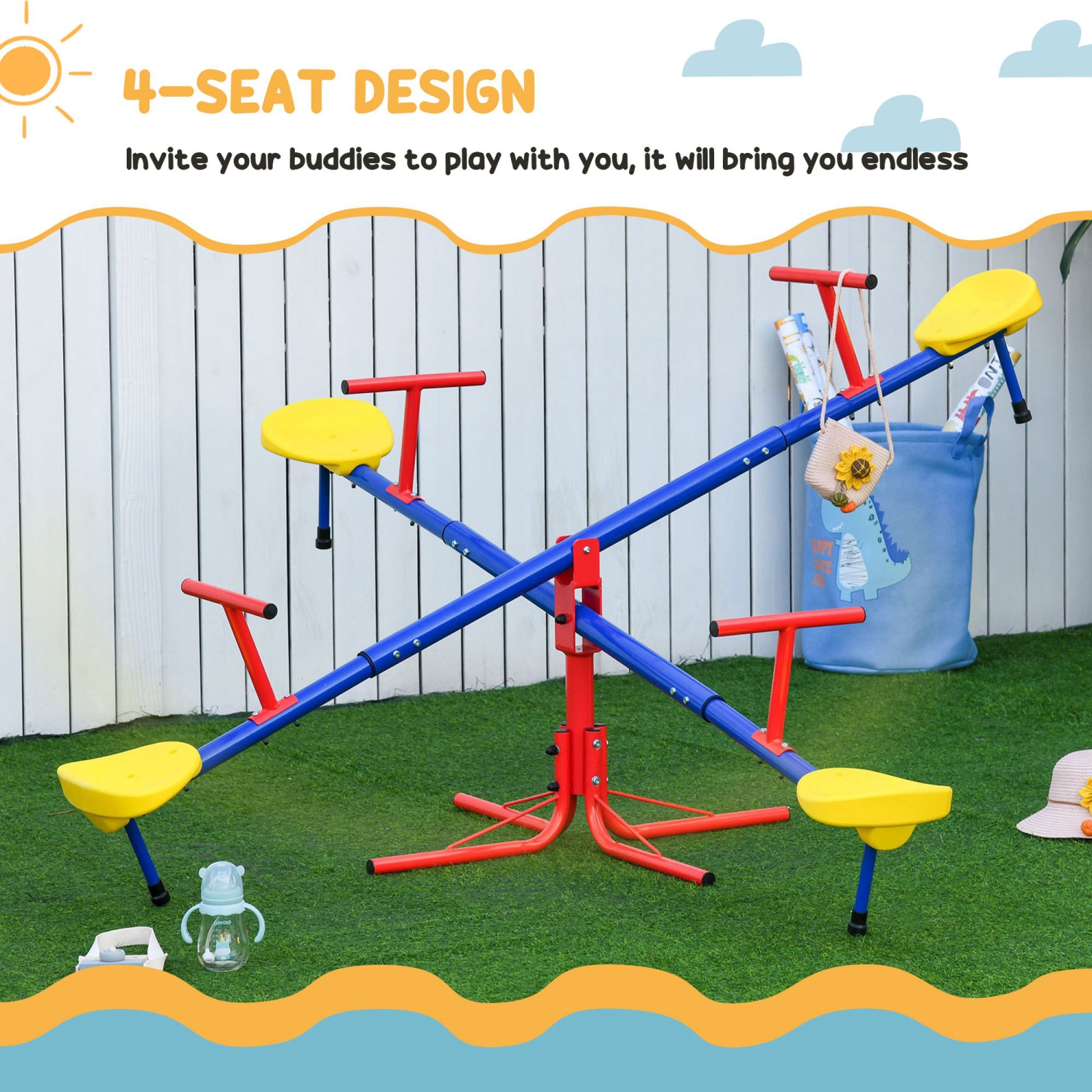 Outsunny Kids Metal Seesaw Teeter Totter Children's Playground Equipment for Garden Outdoor Indoor Swing, 4 Seats