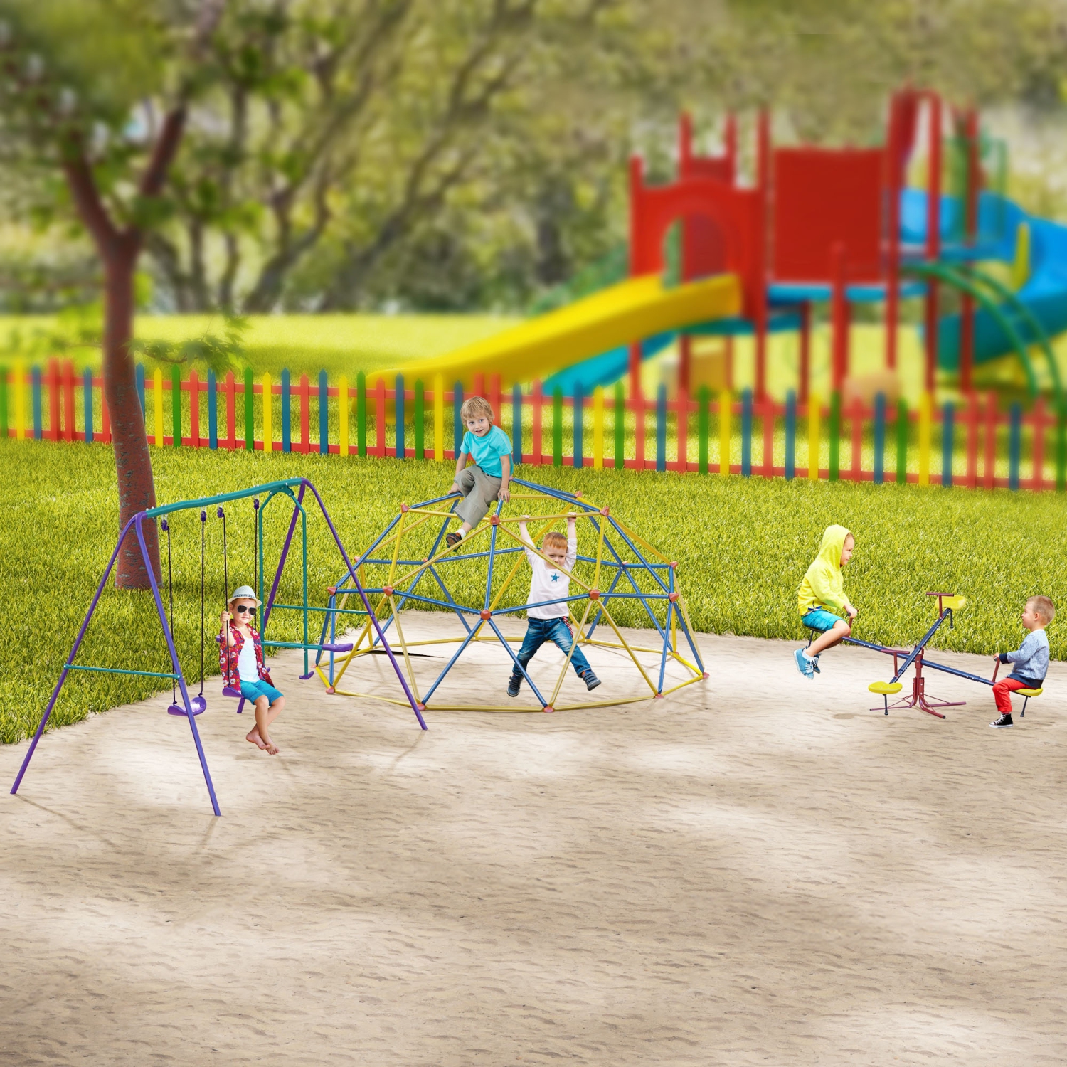 Outsunny Kids Metal Seesaw Teeter Totter Children's Playground Equipment for Garden Outdoor Indoor Swing, 4 Seats