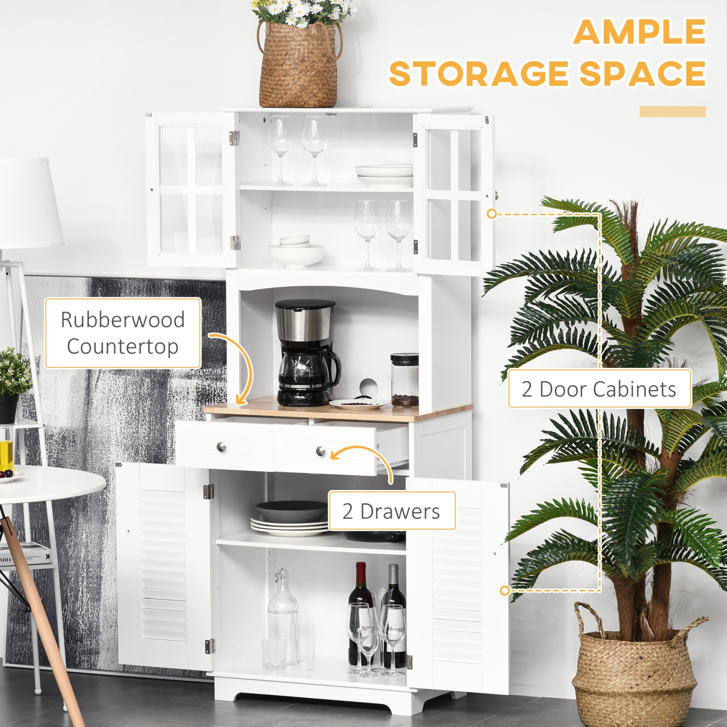 HOMCOM 67" Traditional Freestanding Kitchen Pantry Cabinet with Microwave Stand, Glass Door and Adjustable Shelf, Kitchen Buffet Cabinet with Hutch,