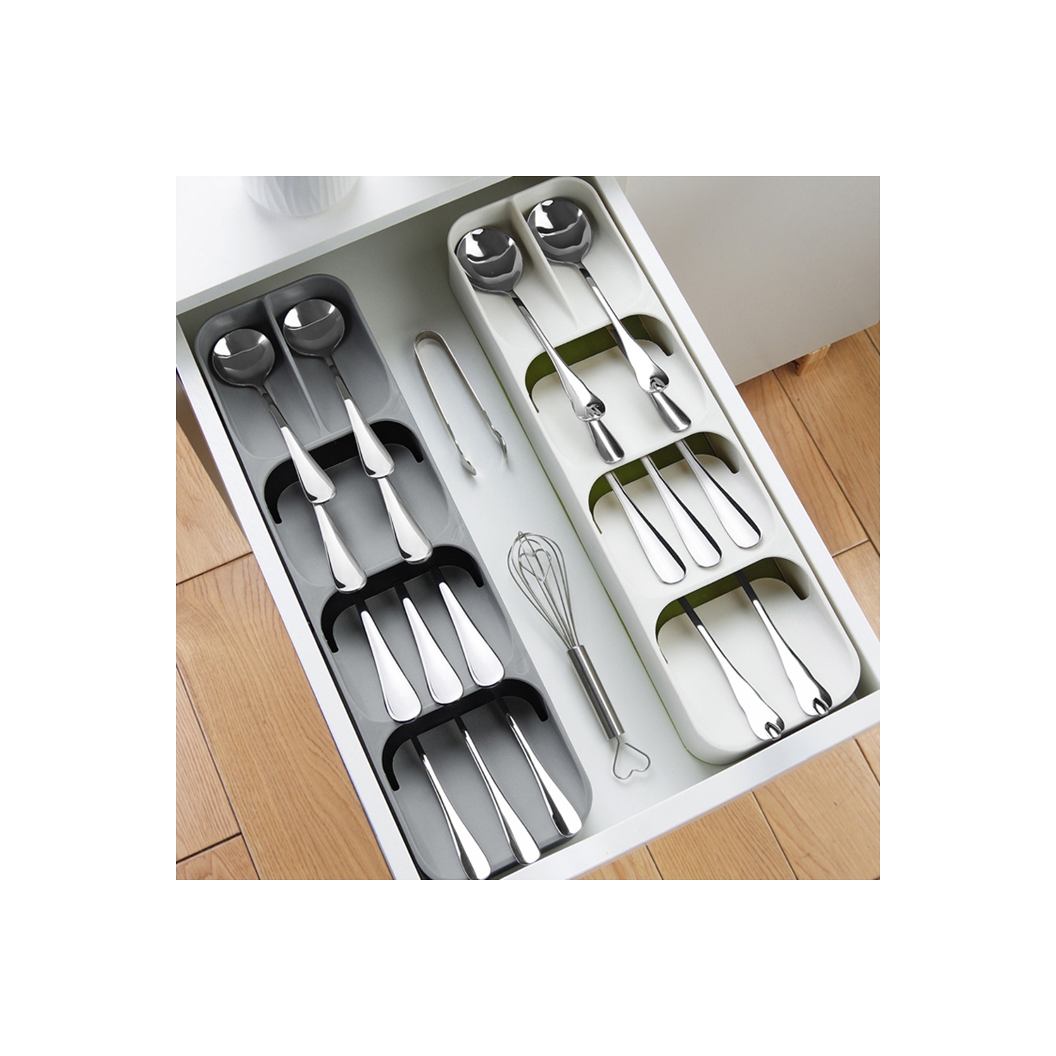Kitchen Drawer Organizer Tray for Cutlery Silverware Spoon Forks Storage Gray - axGear