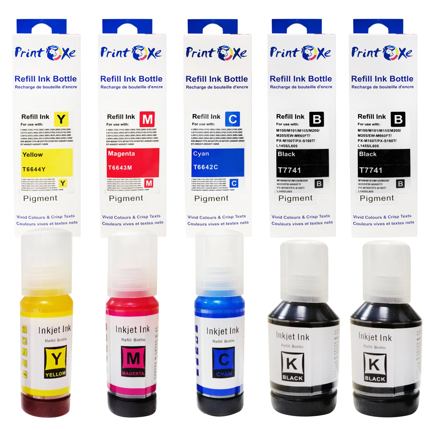 PRINTOXE® T774 T664 Compatible Refill Set plus Black of 5 Ink Bottles ALL PIGMENT for 774 664 High Yield for Expression & WorkForce Epson EcoTank Expression & WorkForce