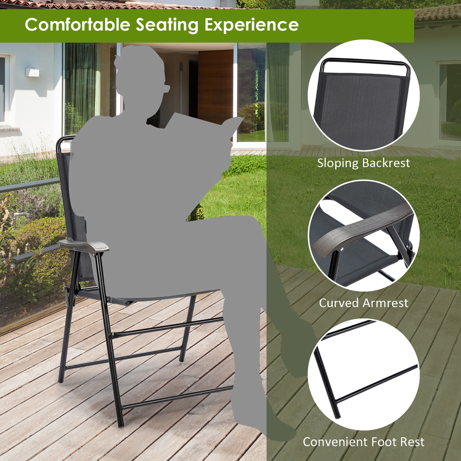 Costway Ensemble de 4 Chaises de Jardin Pliables Portables avec Accoudoirs, pour Camping, Jardin, Terrasse