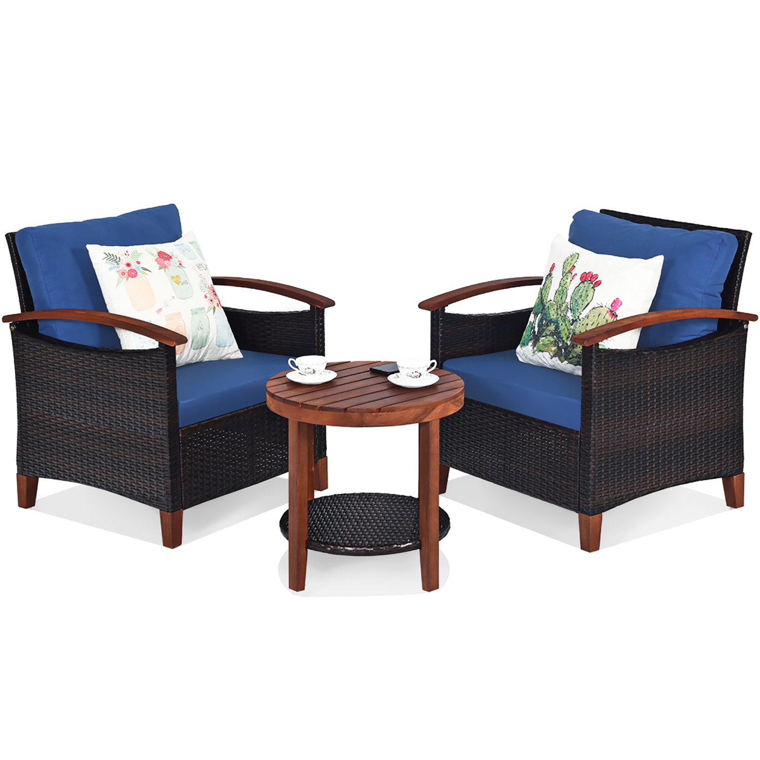 Costway 3PCS Patio Rattan Furniture Set Solid Wood Frame Cushion Sofa Round Table Shelf