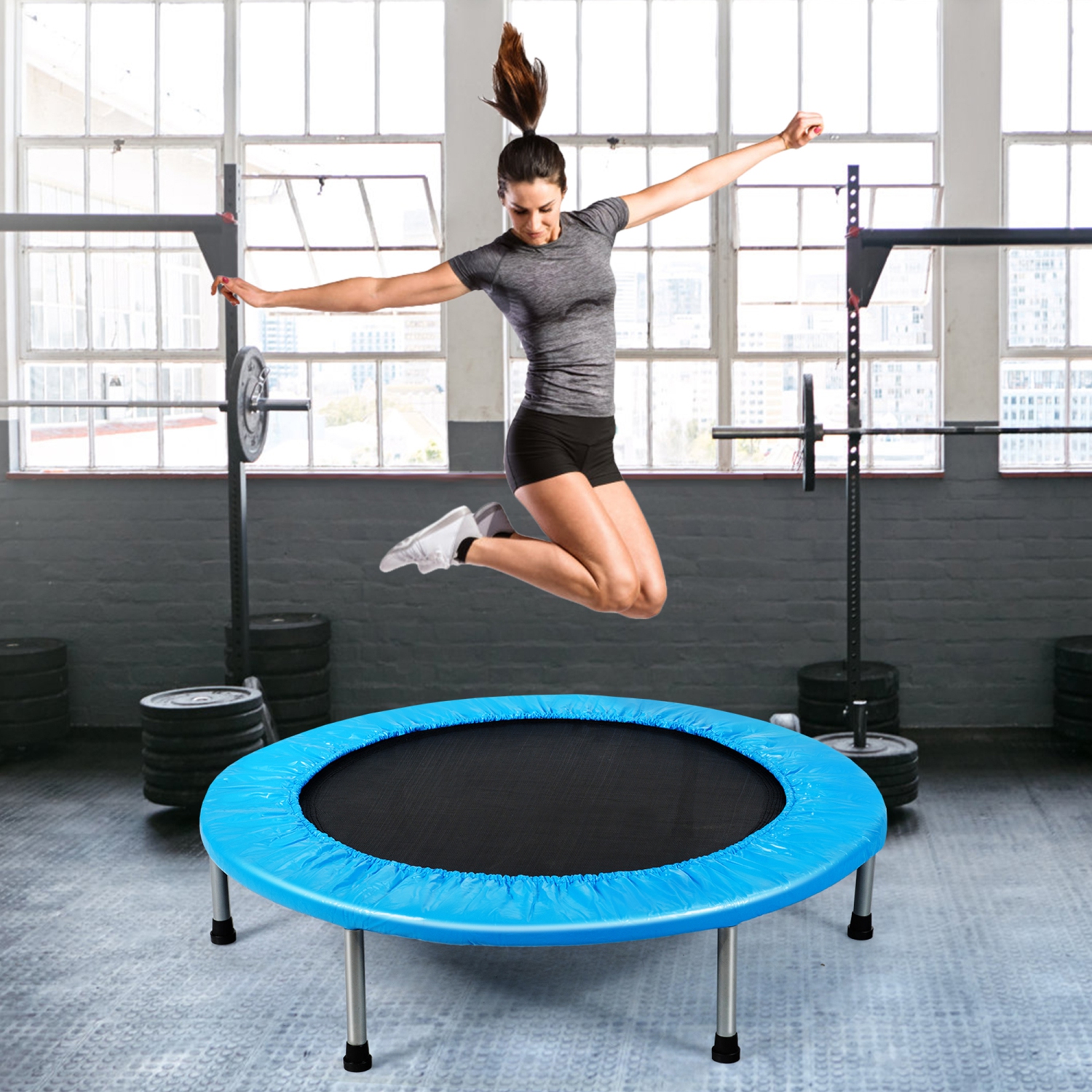 Gymax 38'' Folding Mini Trampoline Fitness Rebounder w/ Safety Pad Blue/Pink