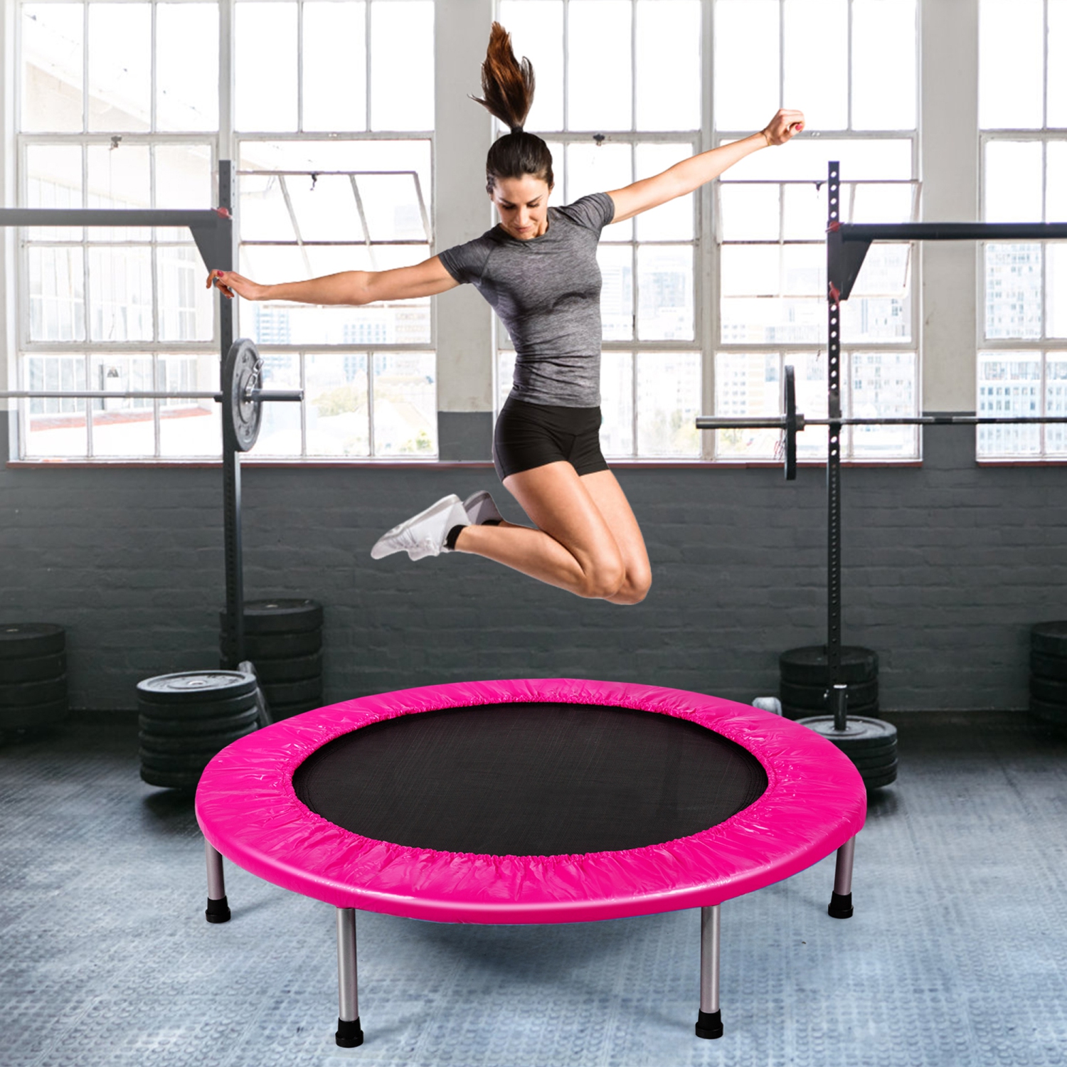 Gymax 38'' Folding Mini Trampoline Fitness Rebounder w/ Safety Pad Blue/Pink
