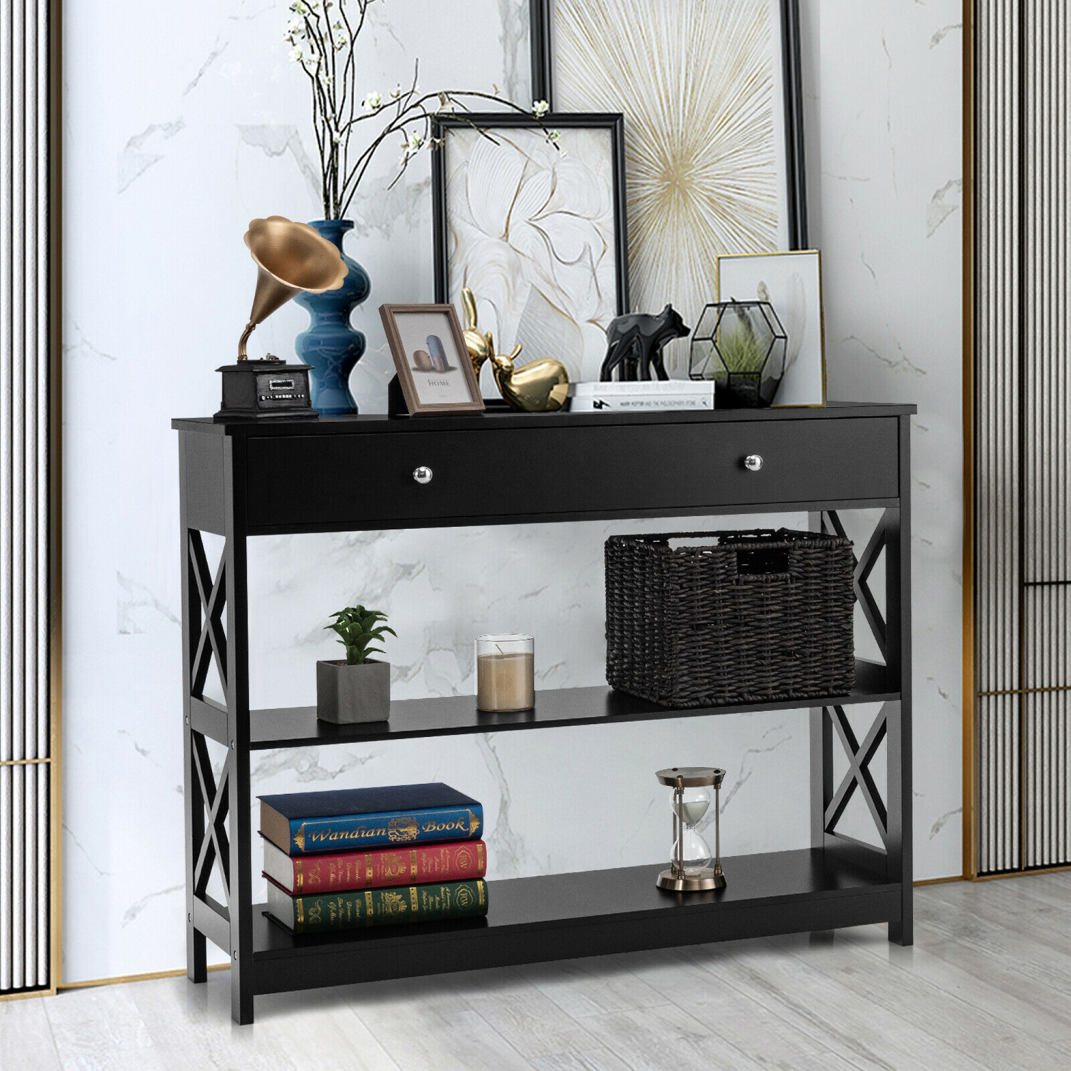 Gymax Console Table Drawer Shelves Sofa Accent Table Entryway Hallway Black/White