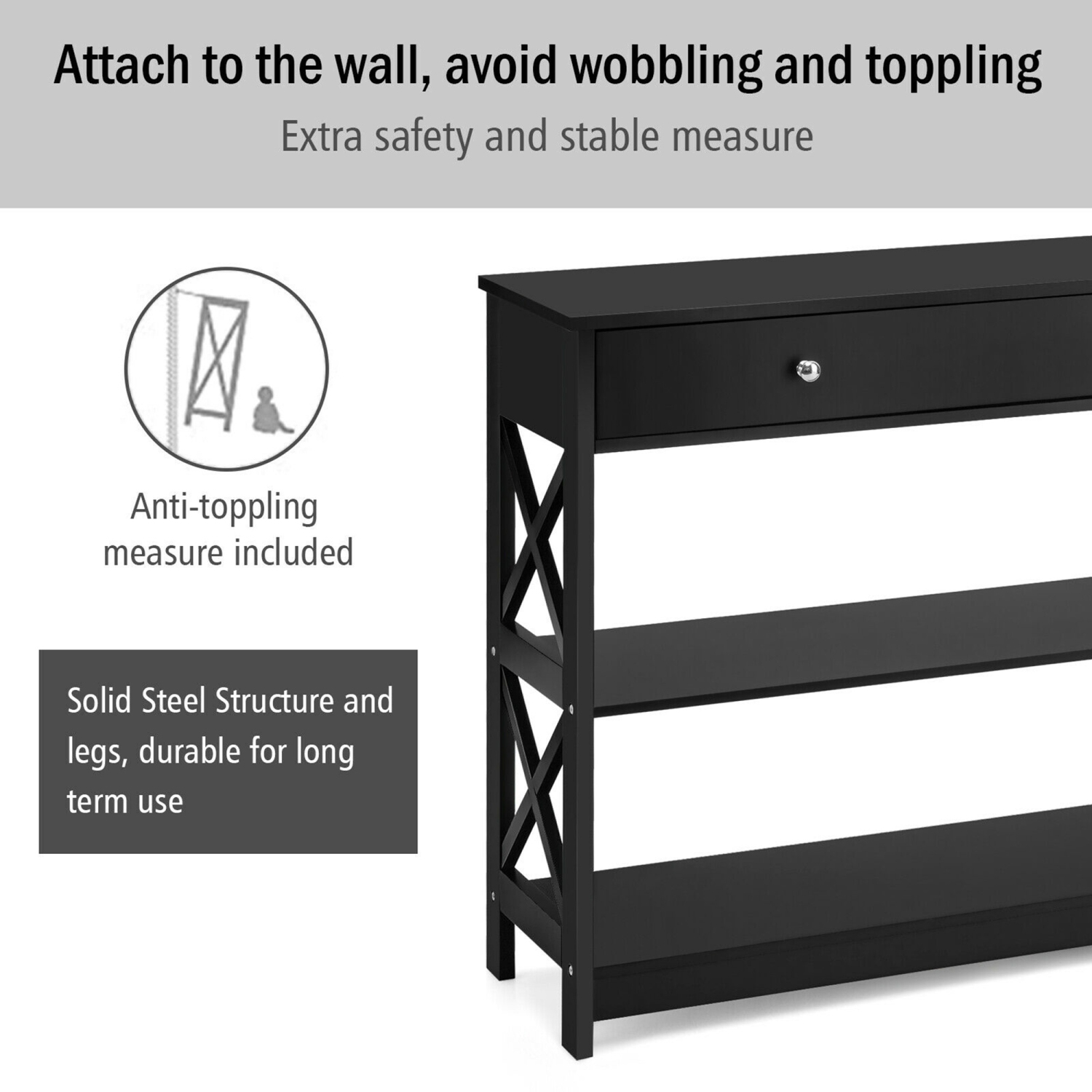Gymax Console Table Drawer Shelves Sofa Accent Table Entryway Hallway Black/White