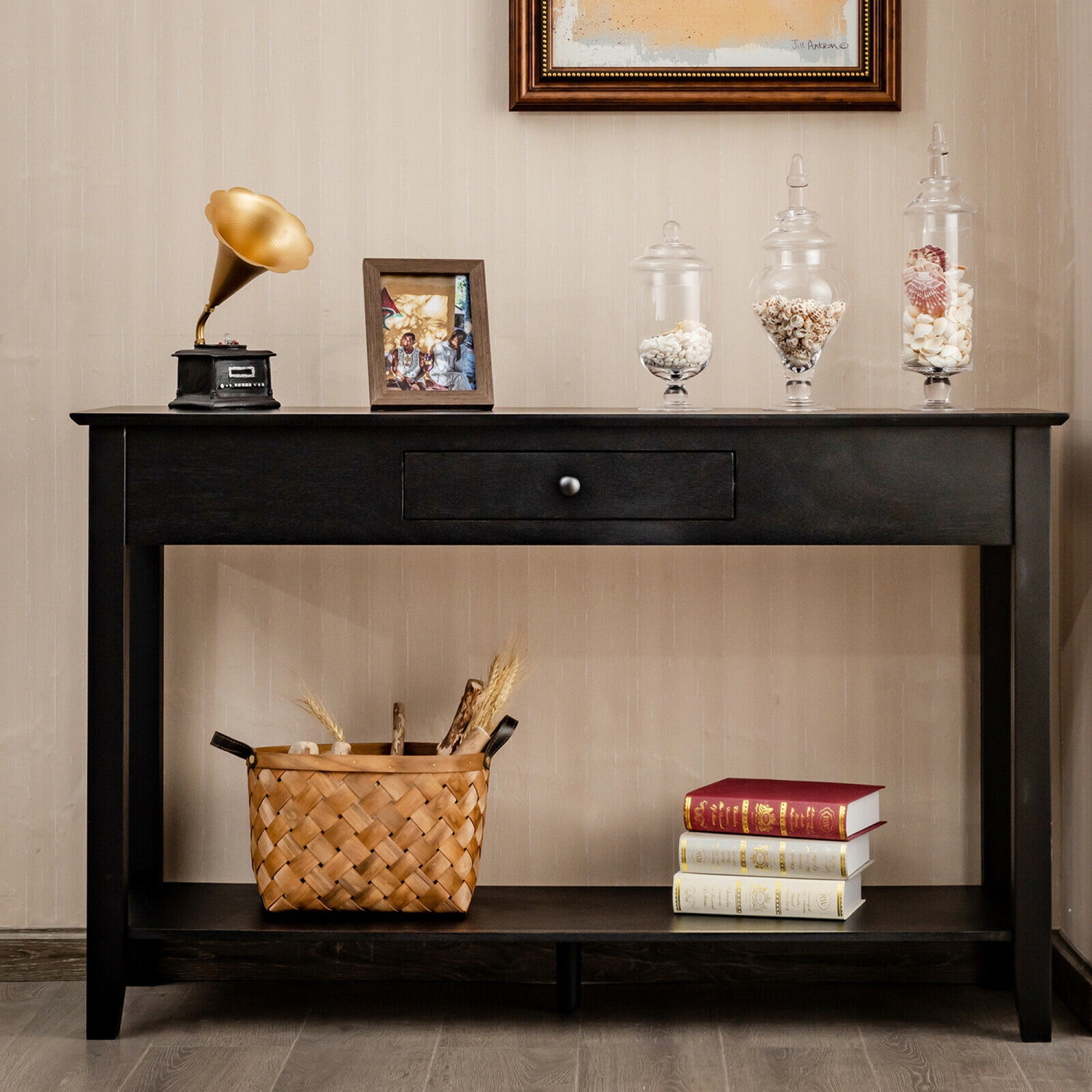 Gymax Console Table with Drawer Shelf 2 Tier Sofa Side Accent Table Black