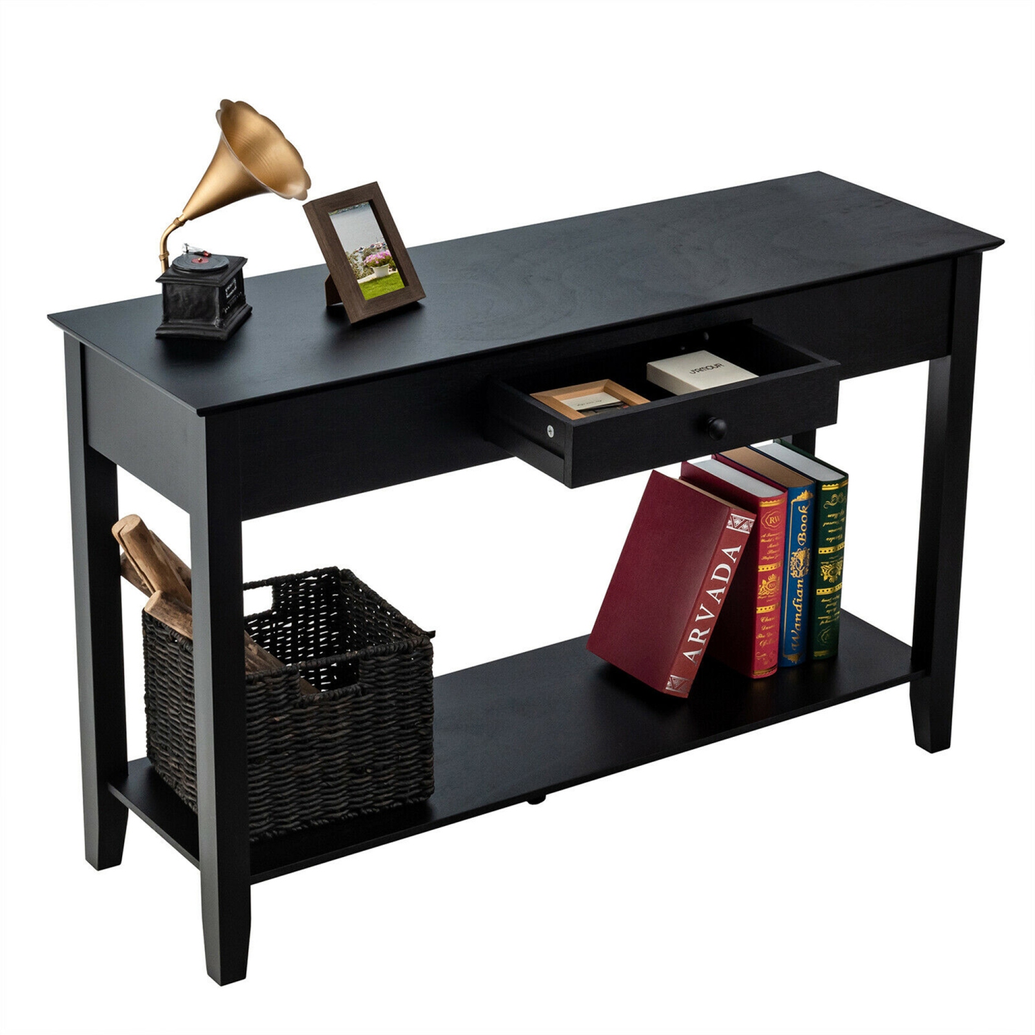 Gymax Console Table with Drawer Shelf 2 Tier Sofa Side Accent Table Black