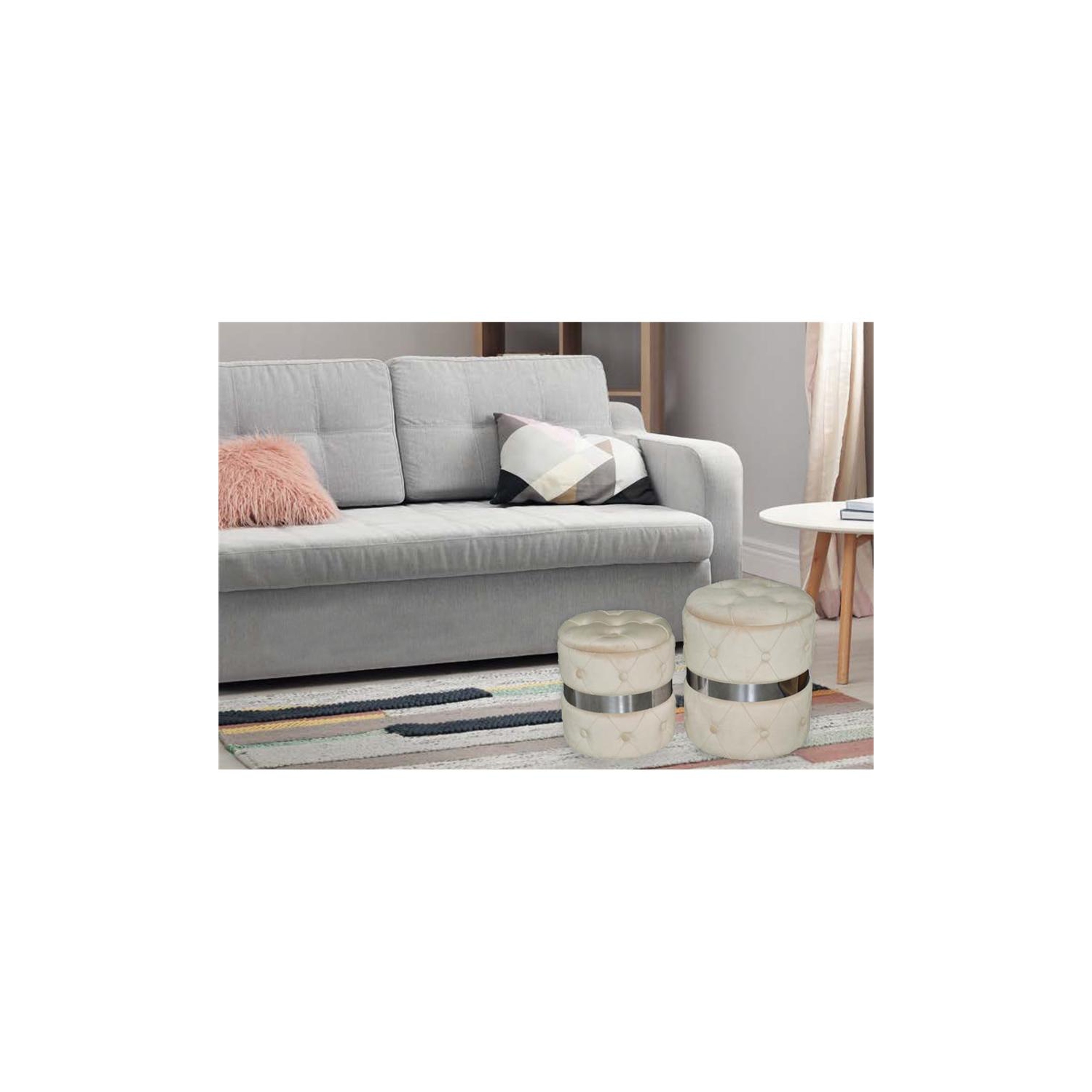 Jessar - Ottomane/Repose-Pied Rond avec Rangement, De la Collection Baron, Esemble de 2, Velours Beige