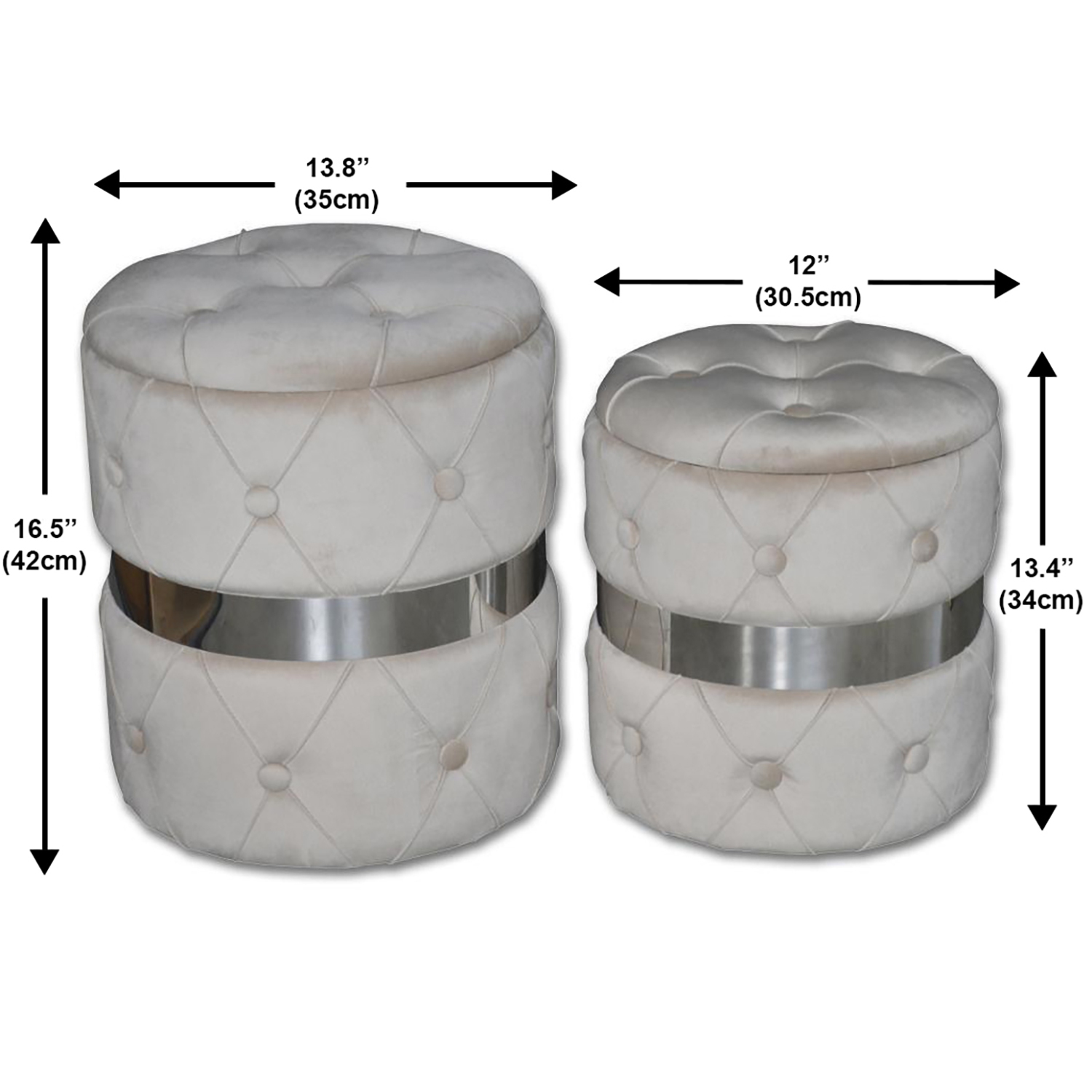 Jessar - Ottomane/Repose-Pied Rond avec Rangement, De la Collection Baron, Esemble de 2, Velours Beige