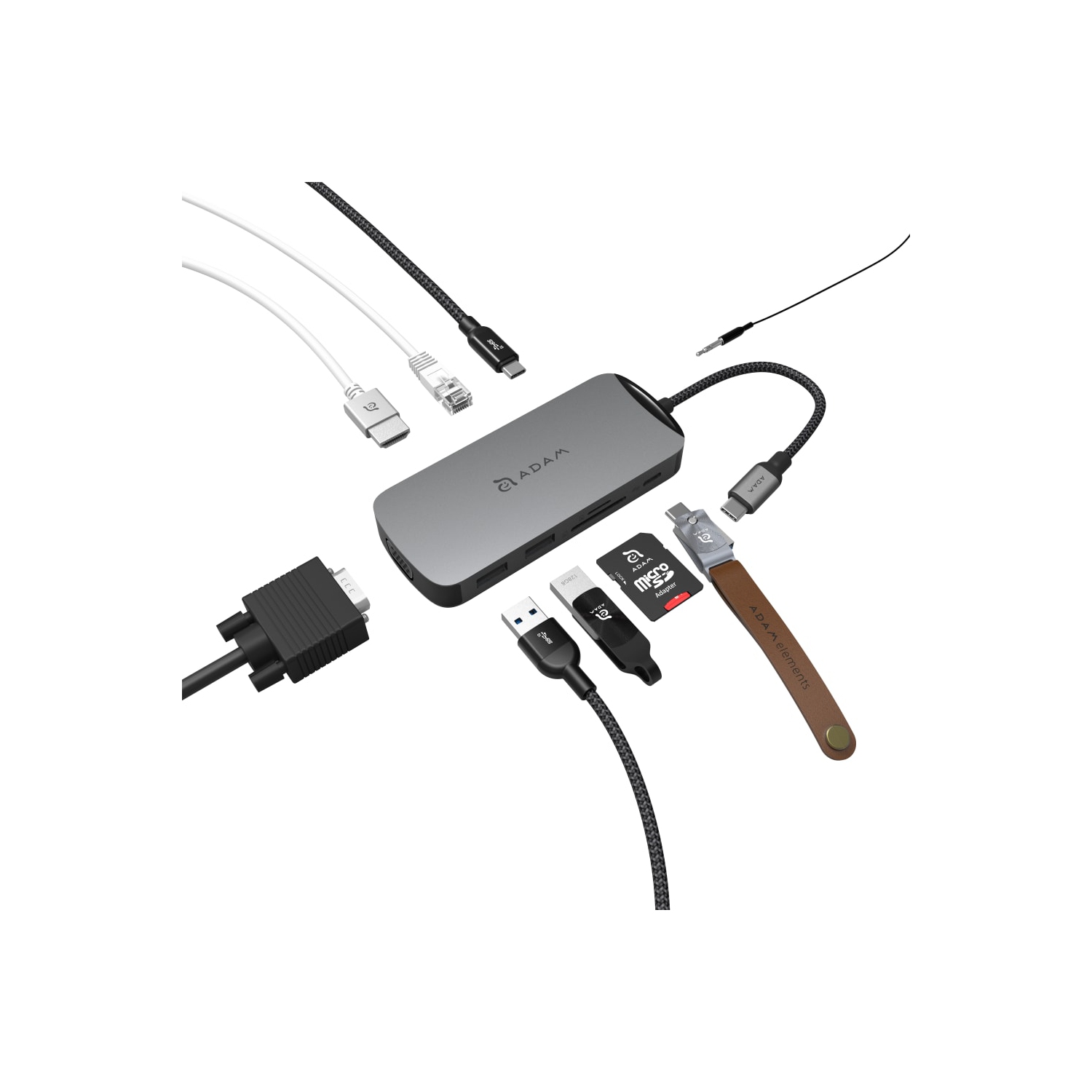 Adam Elements Casa X 10 in 1 USB-C to 2 x USB-C 3.1, 2 x USB-A 3.1, 4K HMDI, VGA, RJ45, SD Card, MicroSD, Audio Adapter - Space Grey