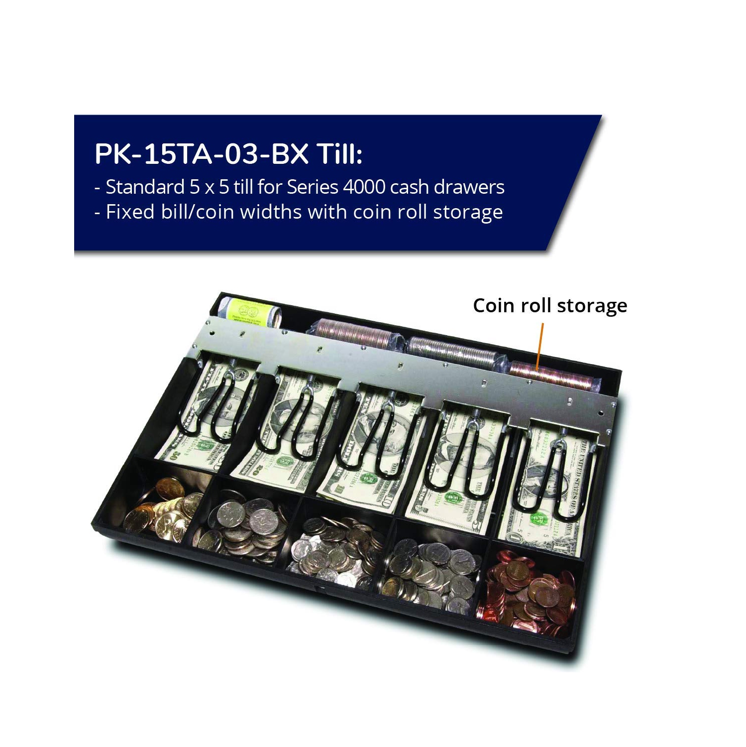 APG Cash Drawer PK-15TA-03-BX INC Coin Roll Storage S4000 Drawer Till 5 Bill