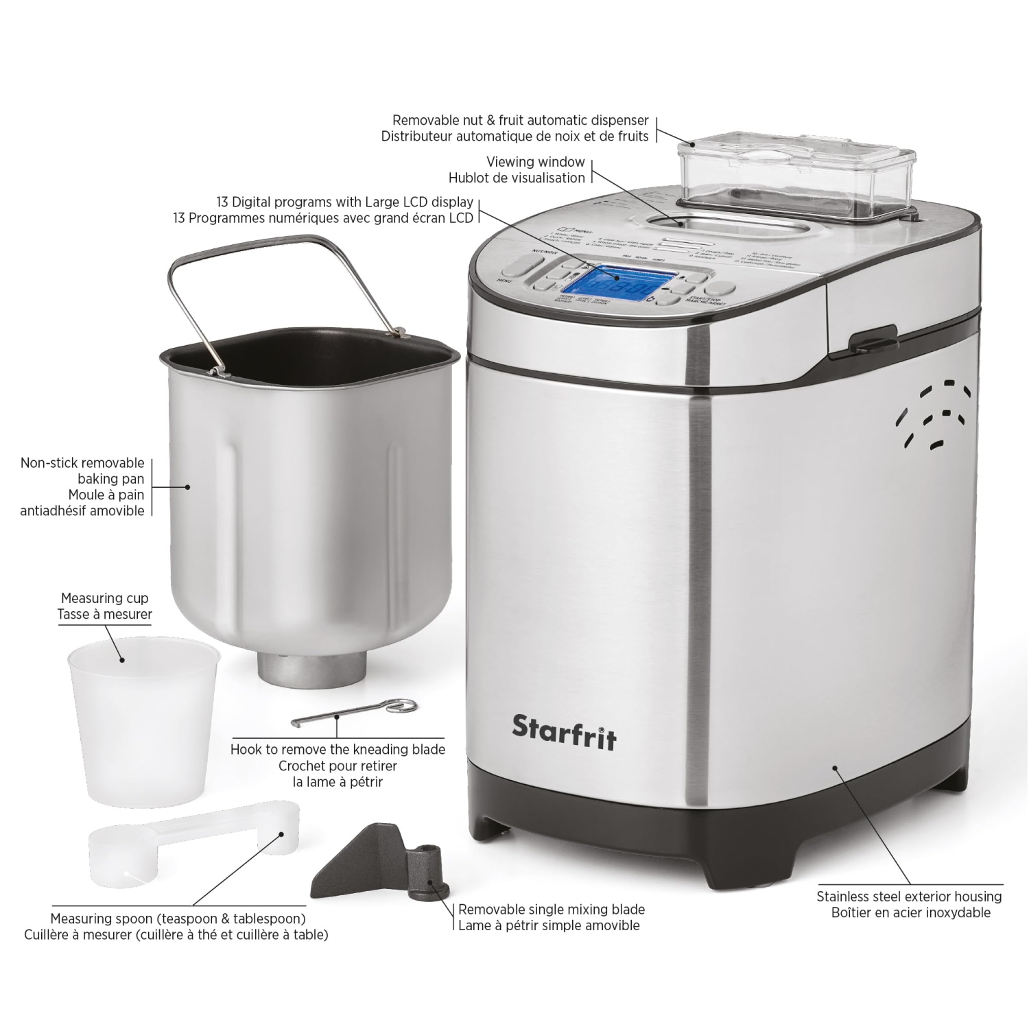 Stafrit - Bread Maker, 13 Baking Options, 1.5 or 2 Pound, 550 Watts, Stainless Steel