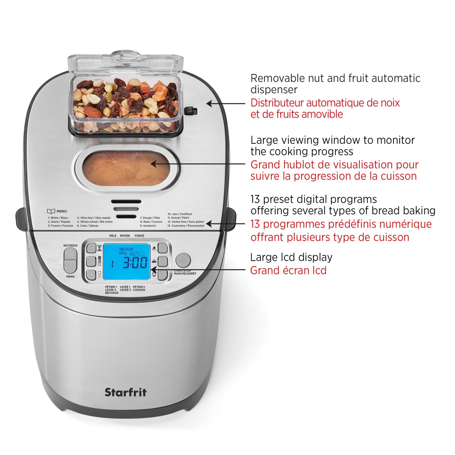 Stafrit - Bread Maker, 13 Baking Options, 1.5 or 2 Pound, 550 Watts, Stainless Steel