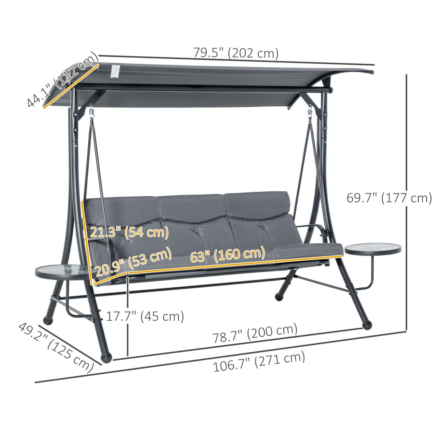 Outsunny 3 Seat Outdoor Swing Chair Steel Swing Bench Porch Swing With Adjustable Canopy, Coffee Tables and Cushion for Patio Garden, Dark Grey