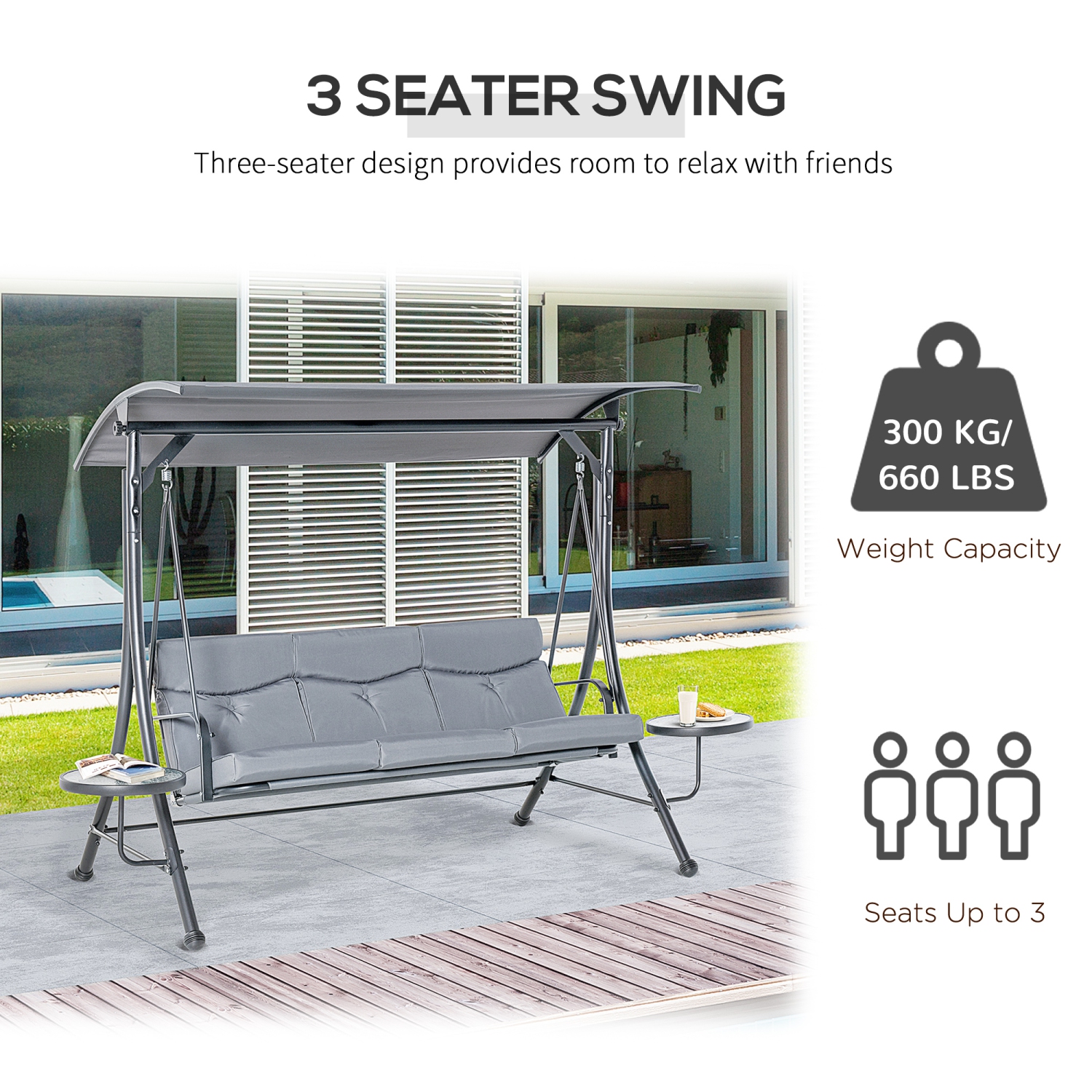 Outsunny 3 Seat Outdoor Swing Chair Steel Swing Bench Porch Swing With Adjustable Canopy, Coffee Tables and Cushion for Patio Garden, Dark Grey