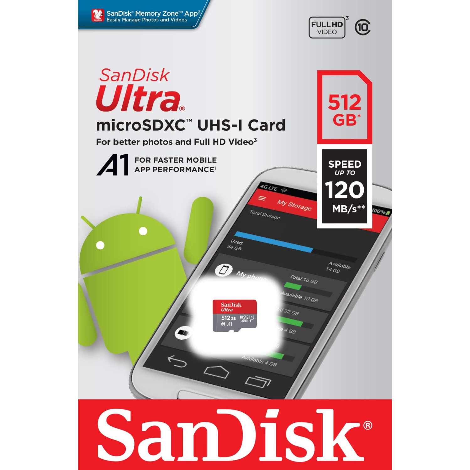 Carte mémoire microSDXC UHS-I Ultra de 512 Go et 120 Mo/s microSD SDSQUA4-512G de SanDisk