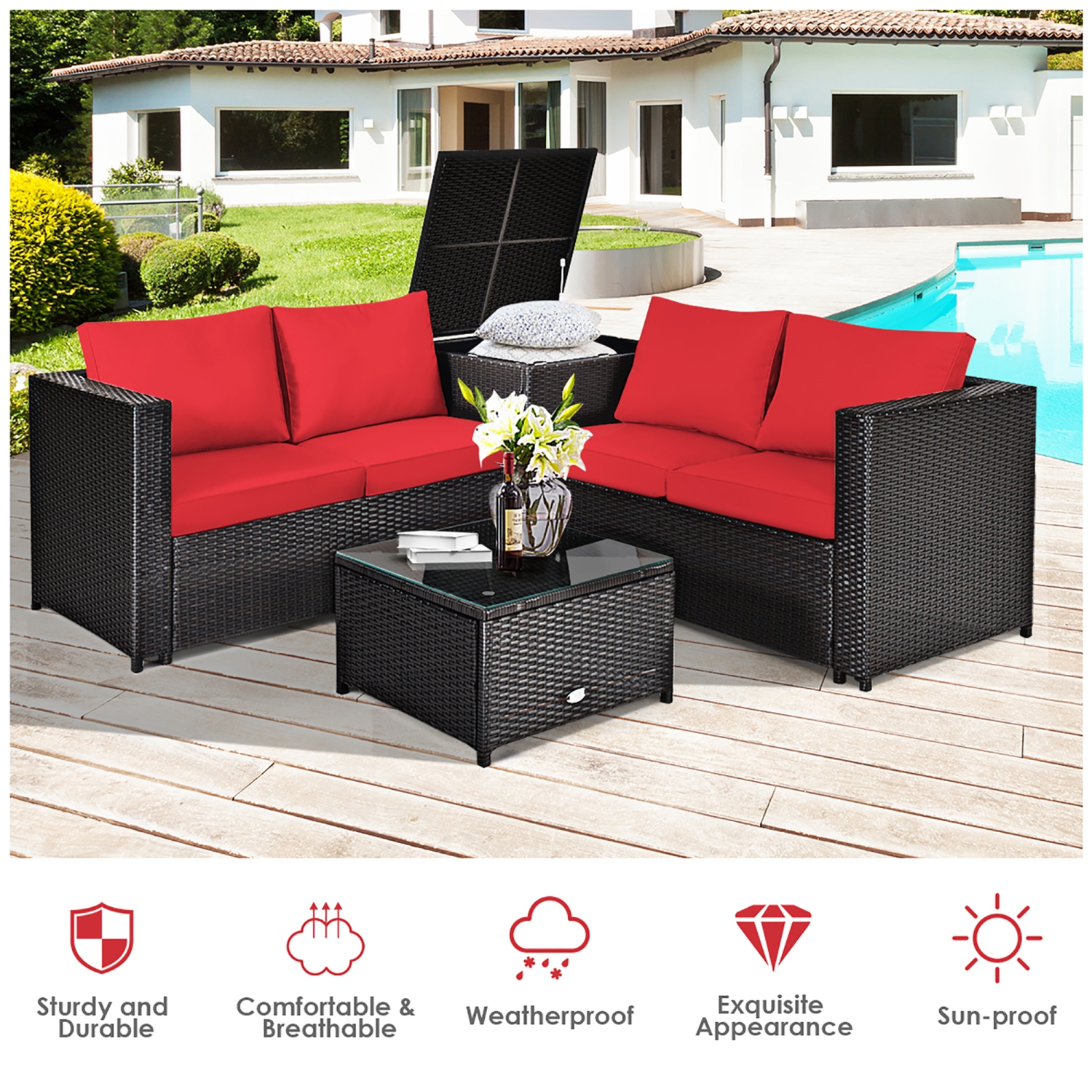 Costway 8PCS Outdoor Patio Rattan Furniture Set Cushioned Loveseat Storage Table