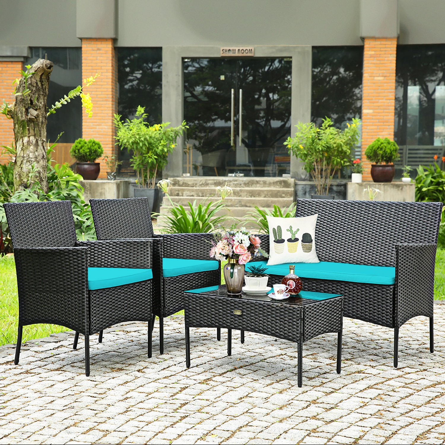 Costway 4PCS Patio Rattan Furniture Set Cushioned Sofa Coffee Table Backyard