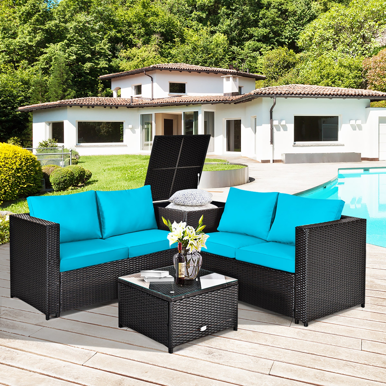 Costway 4PCS Outdoor Patio Rattan Furniture Set Cushioned Loveseat Storage Table