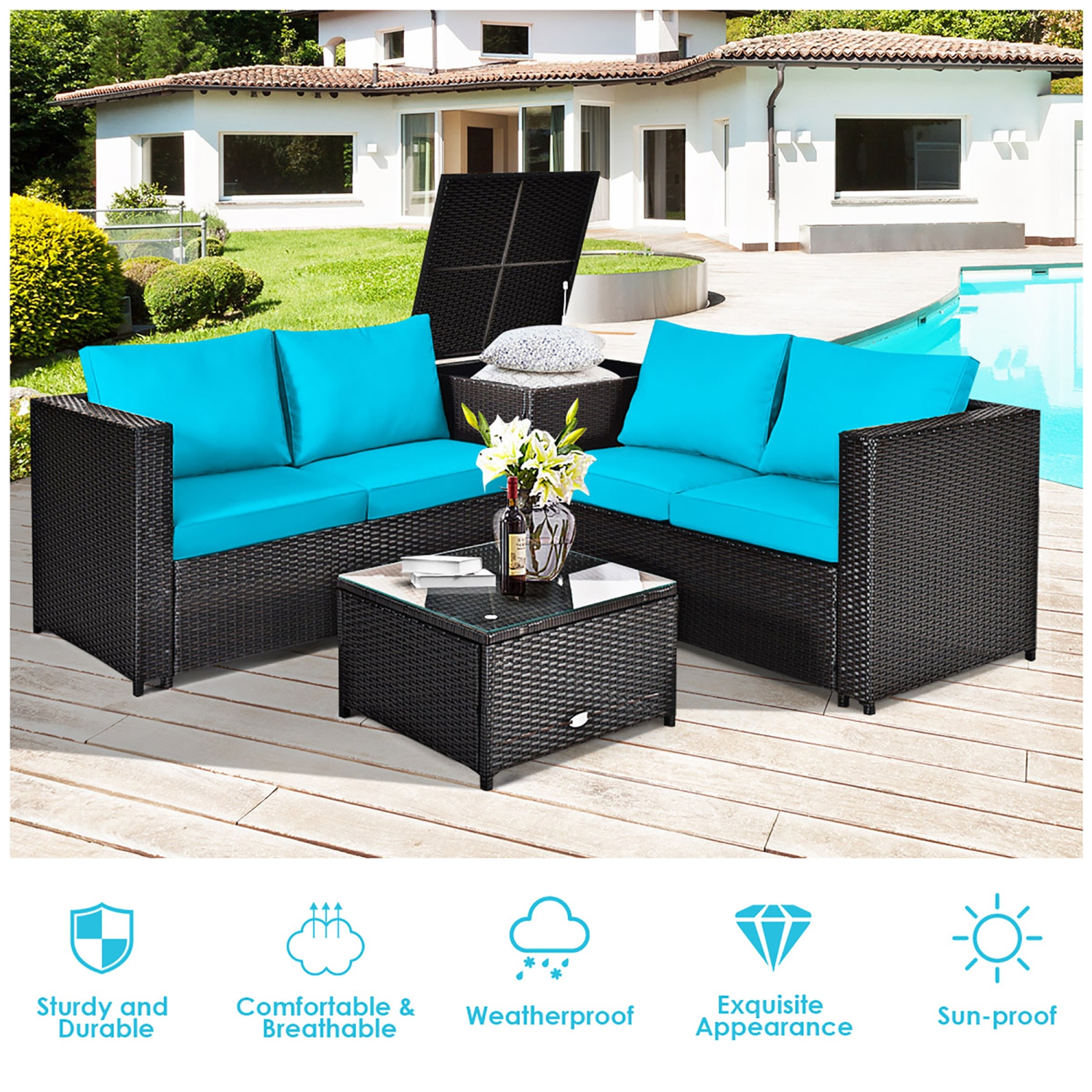 Costway 4PCS Outdoor Patio Rattan Furniture Set Cushioned Loveseat Storage Table