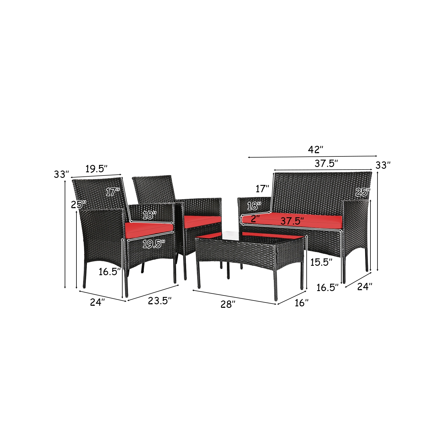 Costway 4PCS Patio Rattan Furniture Set Cushioned Sofa Coffee Table Backyard