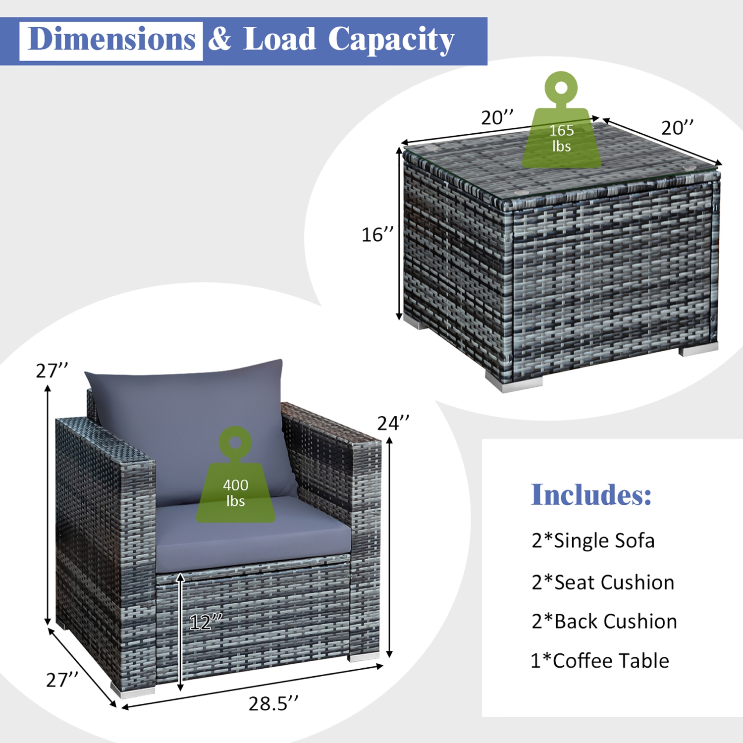 Salon de jardin en résine tressée 3 pièces Costway