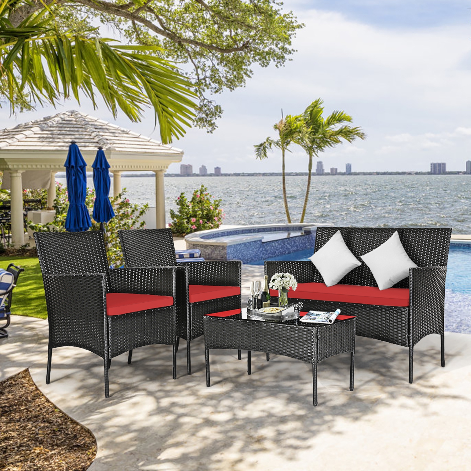 Costway 8PCS Patio Rattan Furniture Set Cushioned Sofa Coffee Table Backyard