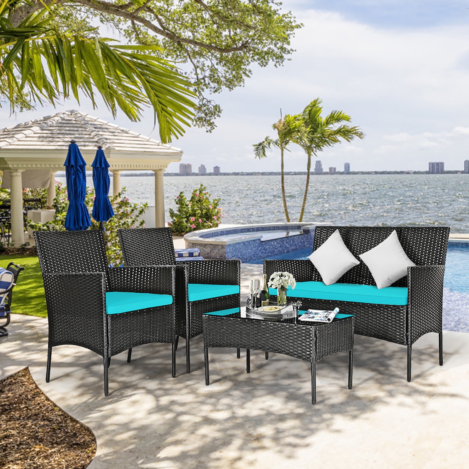 Costway 8PCS Patio Rattan Furniture Set Cushioned Sofa Coffee Table Backyard