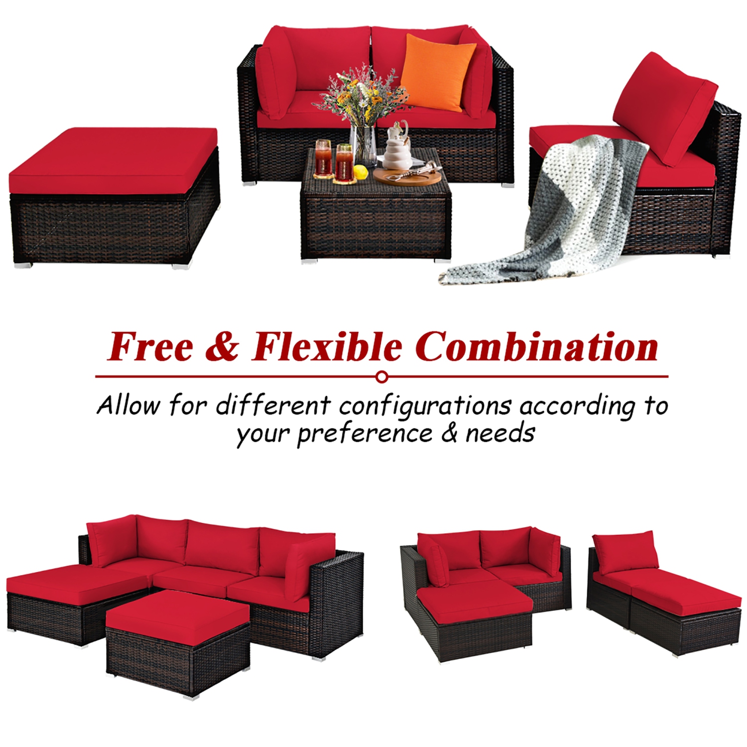 Costway 5PCS Patio Rattan Furniture Set Sectional Conversation Set Ottoman Table