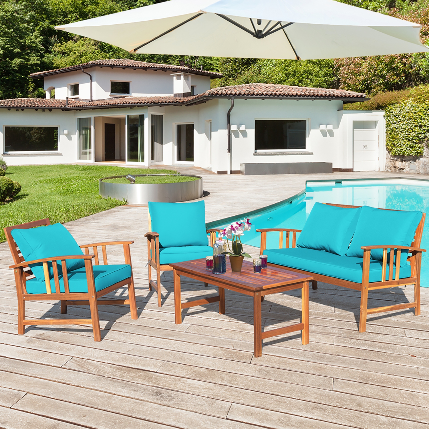 Costway 8PCS Wooden Patio Furniture Set Table Sofa Chair Cushioned Garden Turquoise
