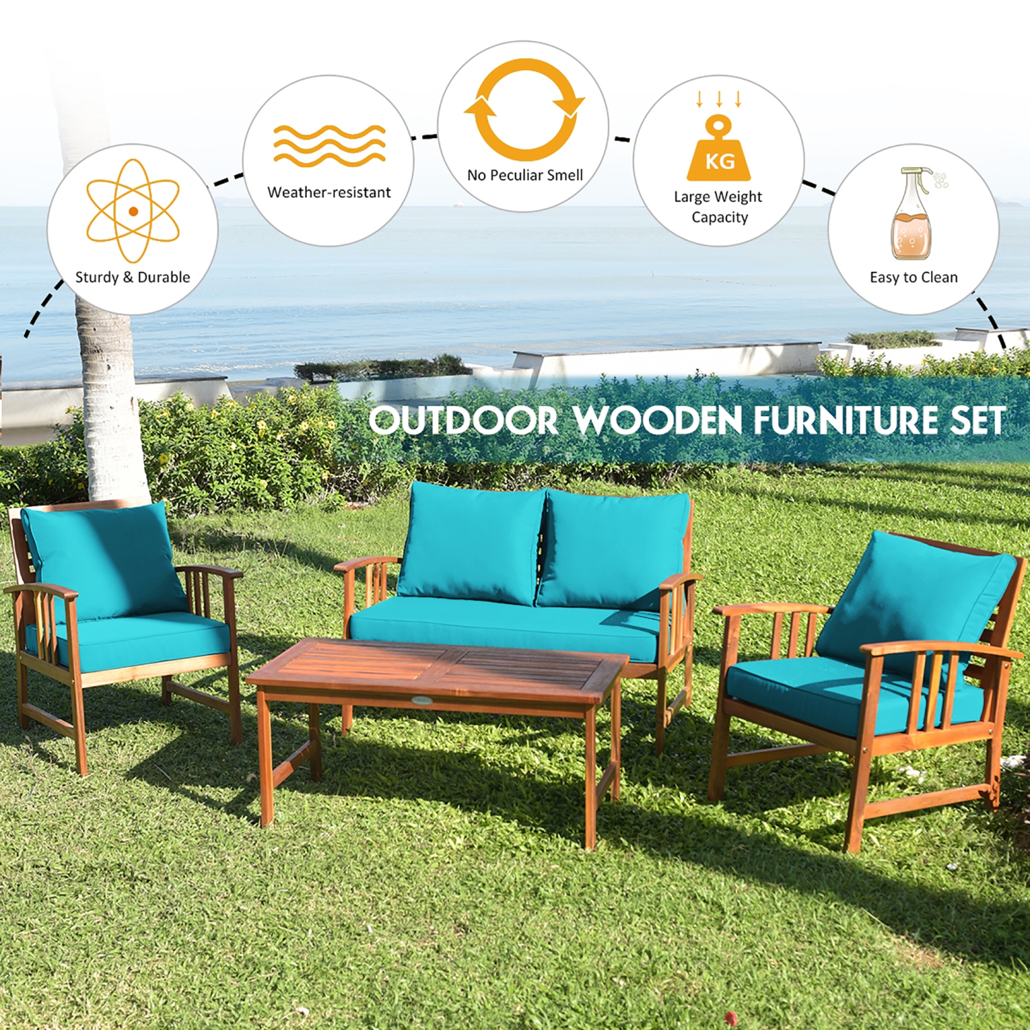 Costway 8PCS Wooden Patio Furniture Set Table Sofa Chair Cushioned Garden Turquoise