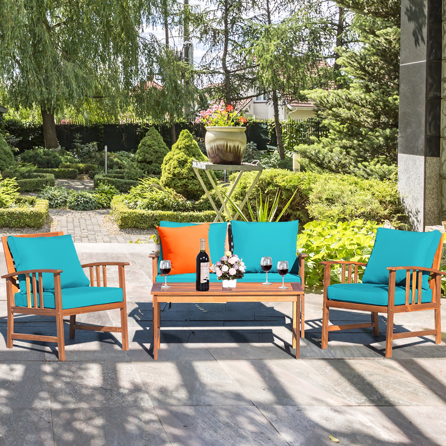 Costway 8PCS Wooden Patio Furniture Set Table Sofa Chair Cushioned Garden Turquoise