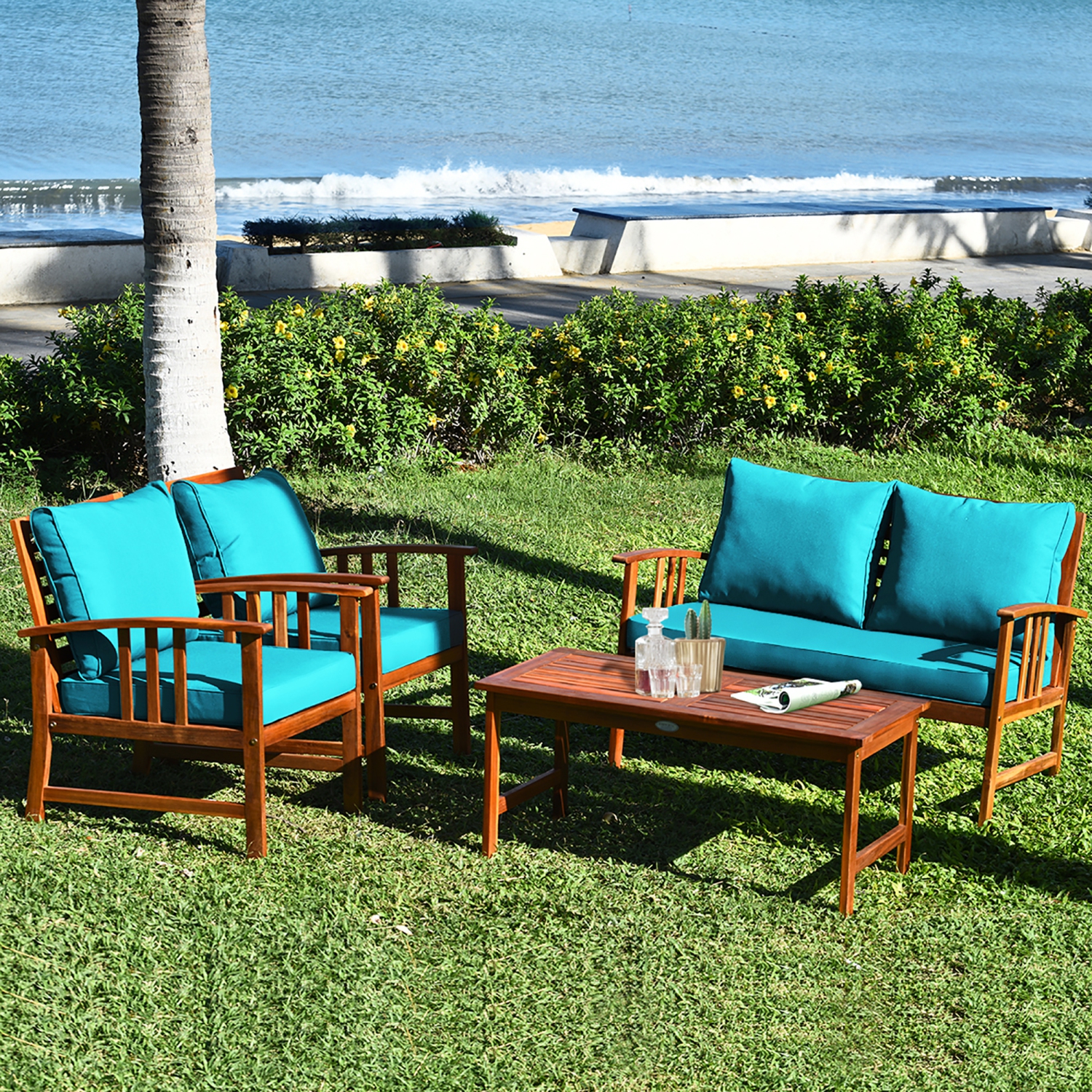 Costway 8PCS Wooden Patio Furniture Set Table Sofa Chair Cushioned Garden Turquoise