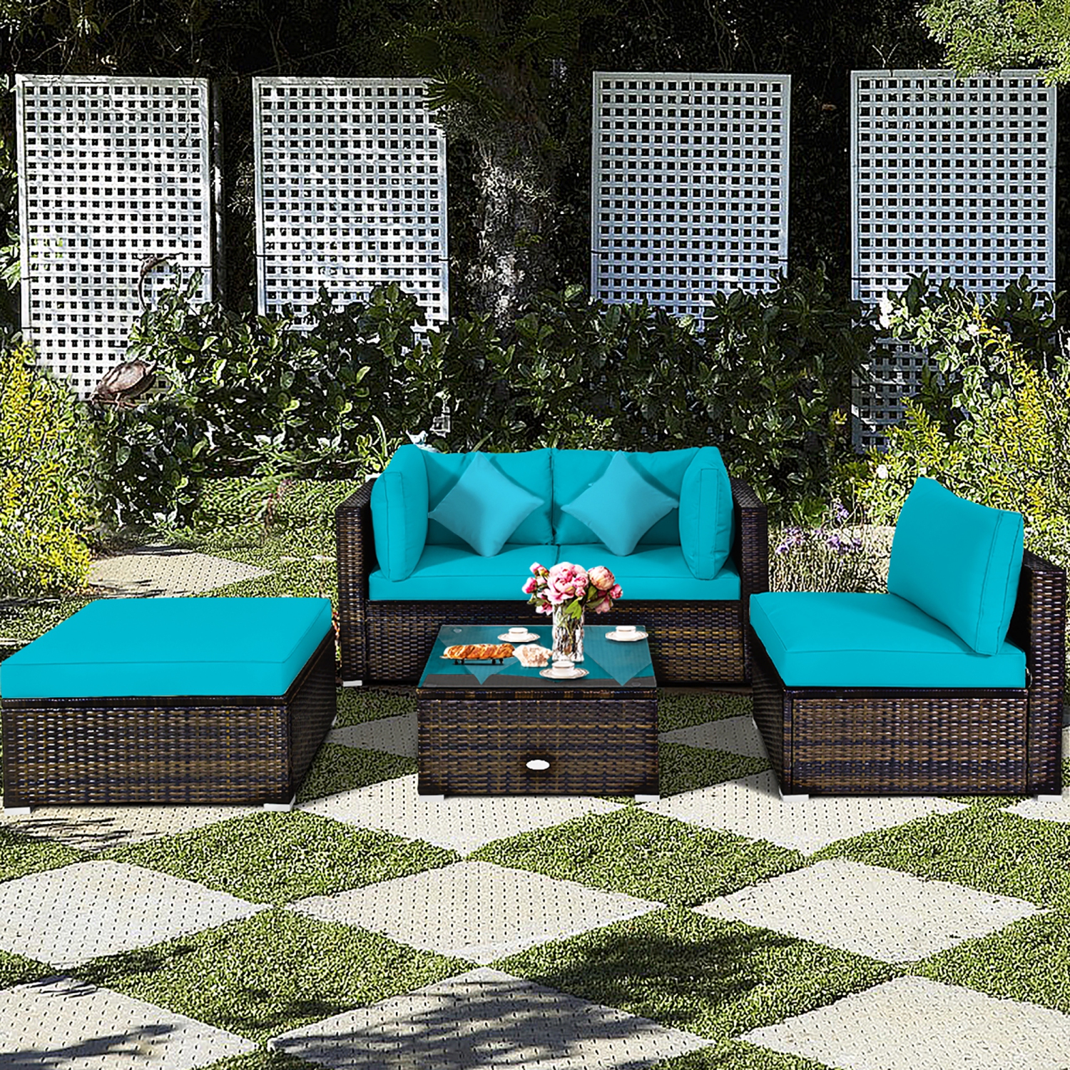 Costway 5PCS Outdoor Patio Rattan Furniture Set Sectional Conversation W/Cushion
