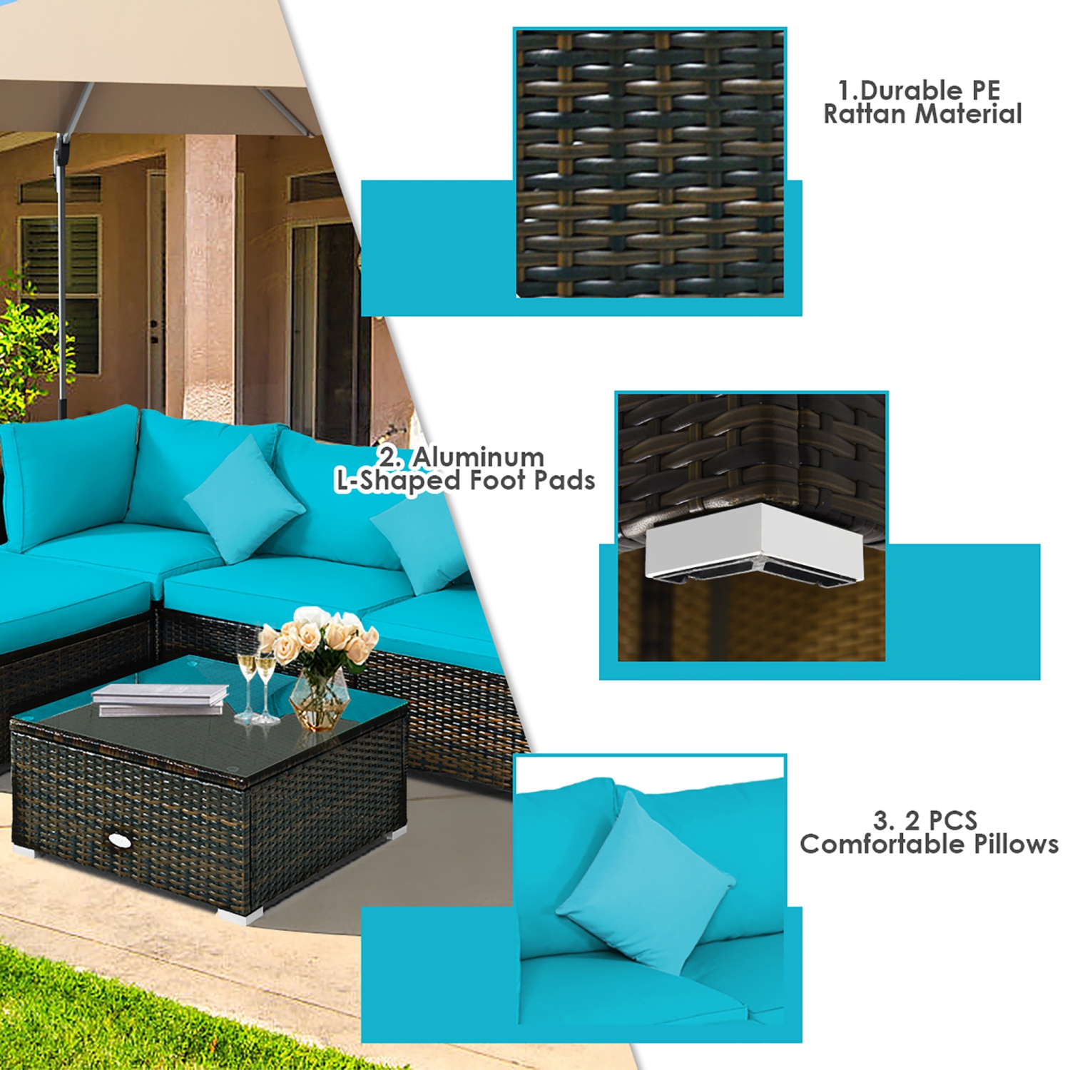 Costway 5PCS Outdoor Patio Rattan Furniture Set Sectional Conversation W/Cushion