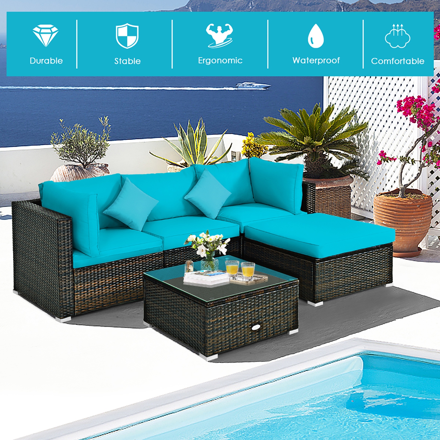 Costway 5PCS Outdoor Patio Rattan Furniture Set Sectional Conversation W/Cushion